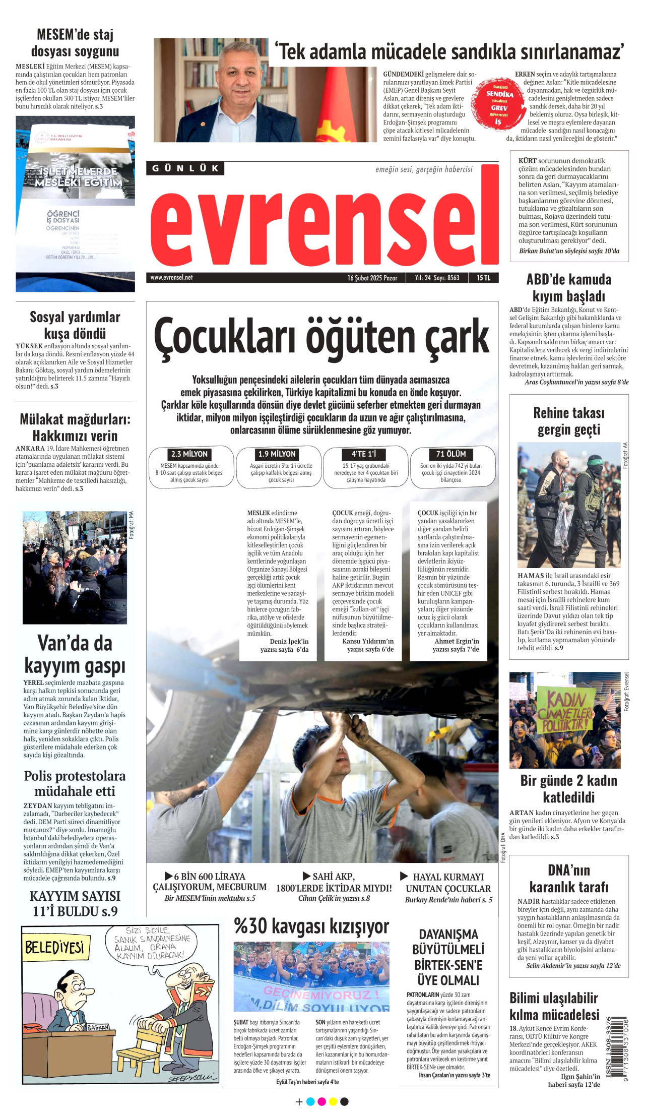 EVRENSEL gazetesinin 16 Şubat 2025 tarihli birinci sayfası
