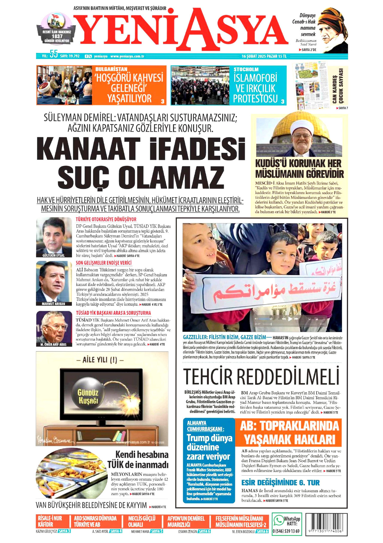 YENİ ASYA gazetesinin 16 Şubat 2025 tarihli birinci sayfası