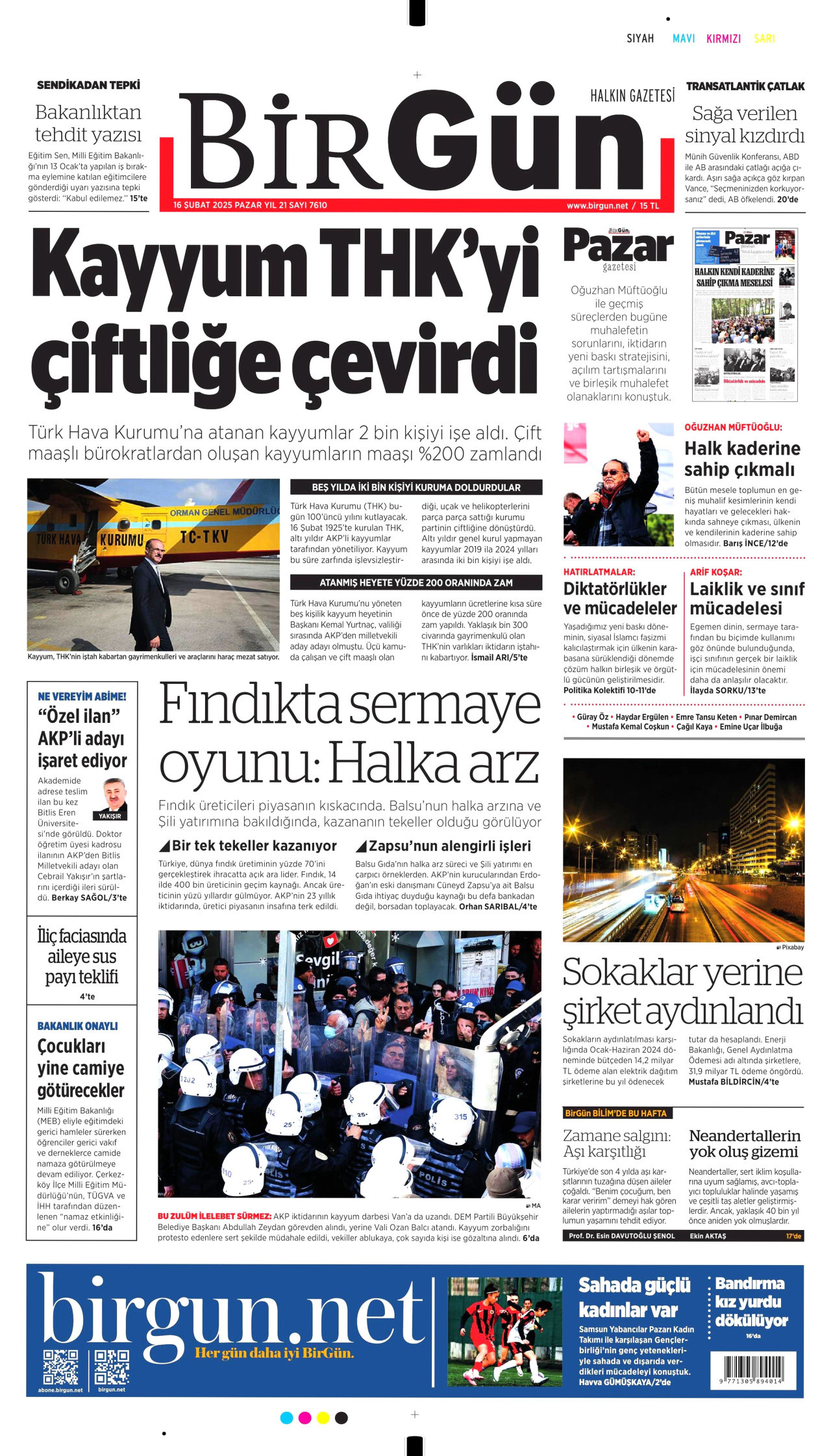 BİRGÜN gazetesinin 16 Şubat 2025 tarihli birinci sayfası