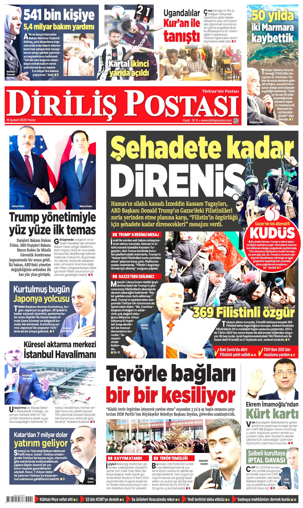DİRİLİŞ POSTASI gazetesinin 16 Şubat 2025 tarihli birinci sayfası