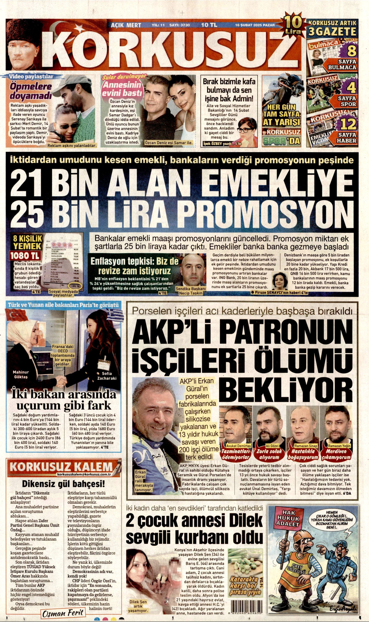 KORKUSUZ gazetesinin 16 Şubat 2025 tarihli birinci sayfası