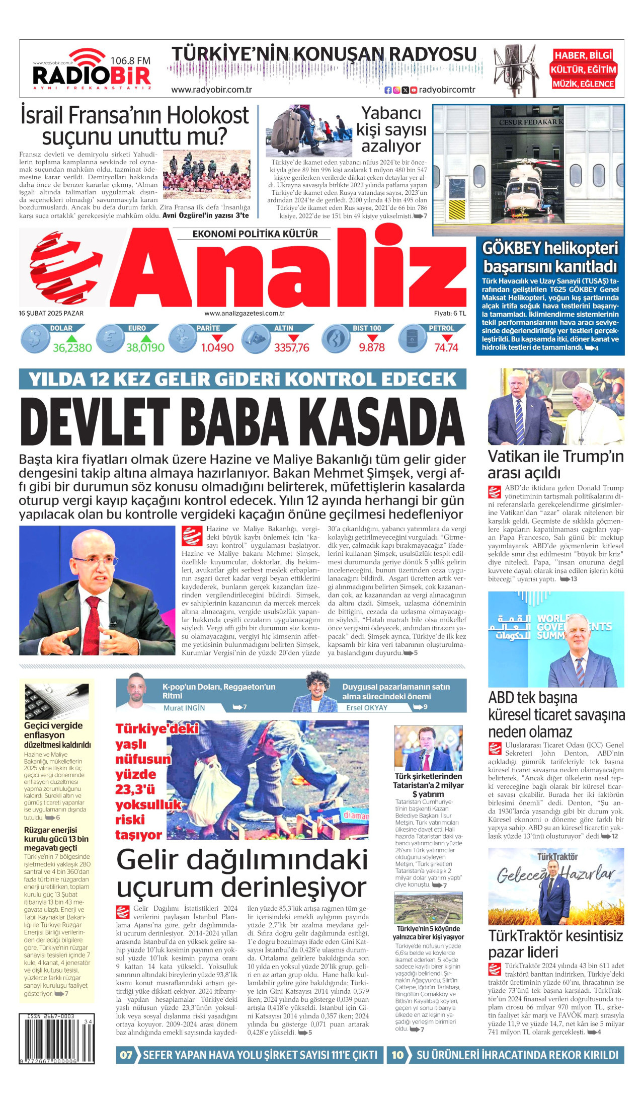 ANALİZ gazetesinin 16 Şubat 2025 tarihli birinci sayfası