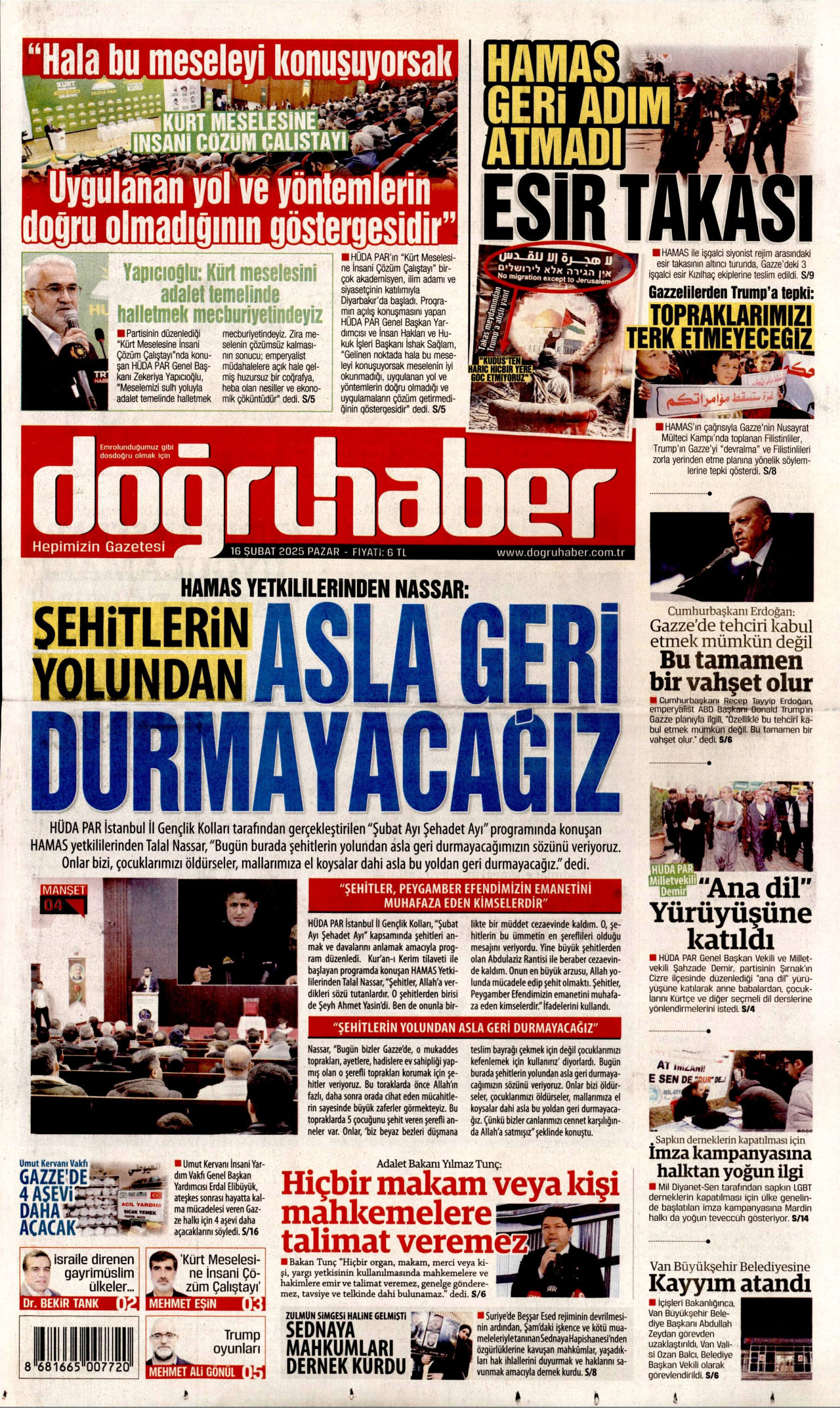 DOĞRU HABER gazetesinin 16 Şubat 2025 tarihli birinci sayfası