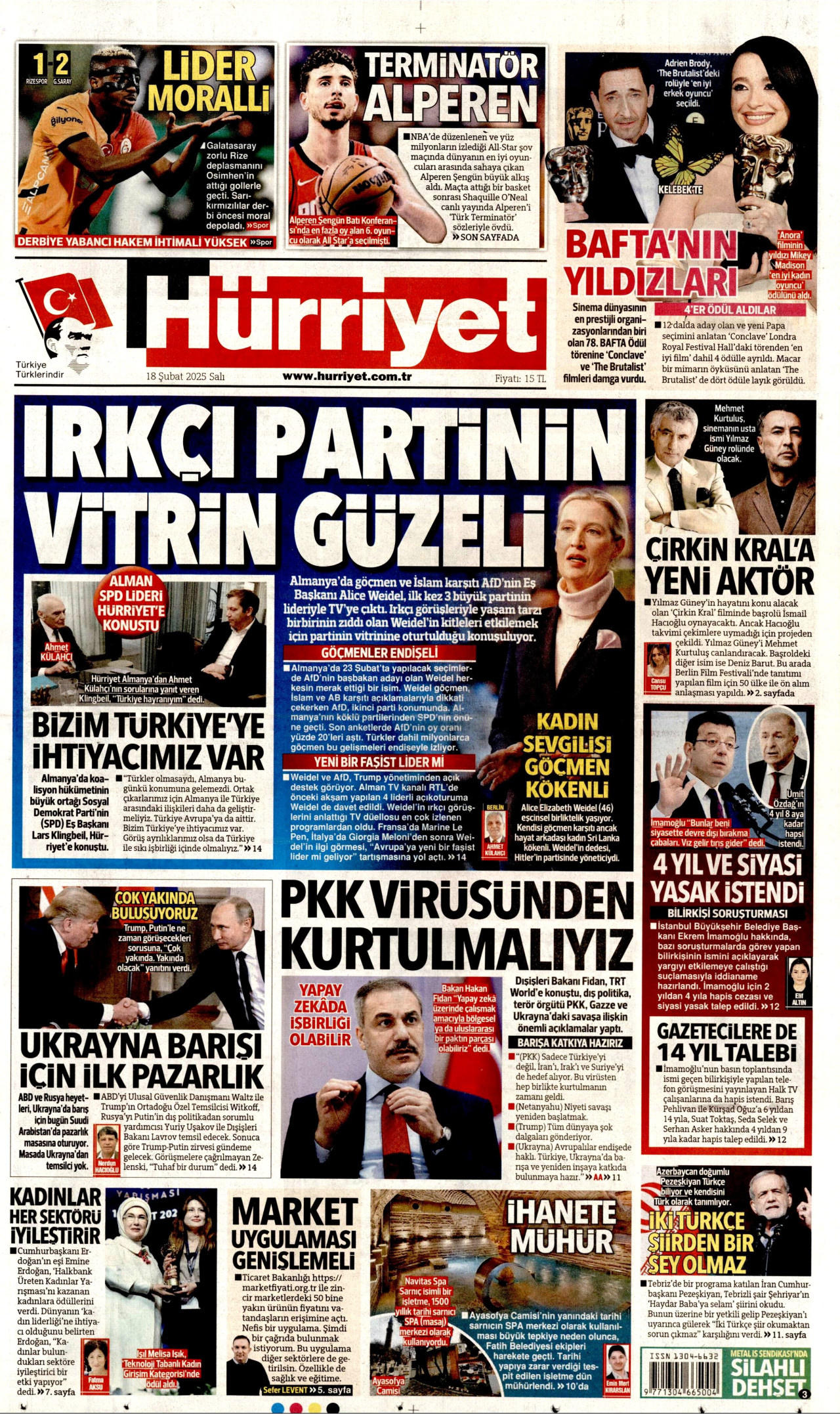 HÜRRİYET gazetesinin 18 Şubat 2025 tarihli birinci sayfası