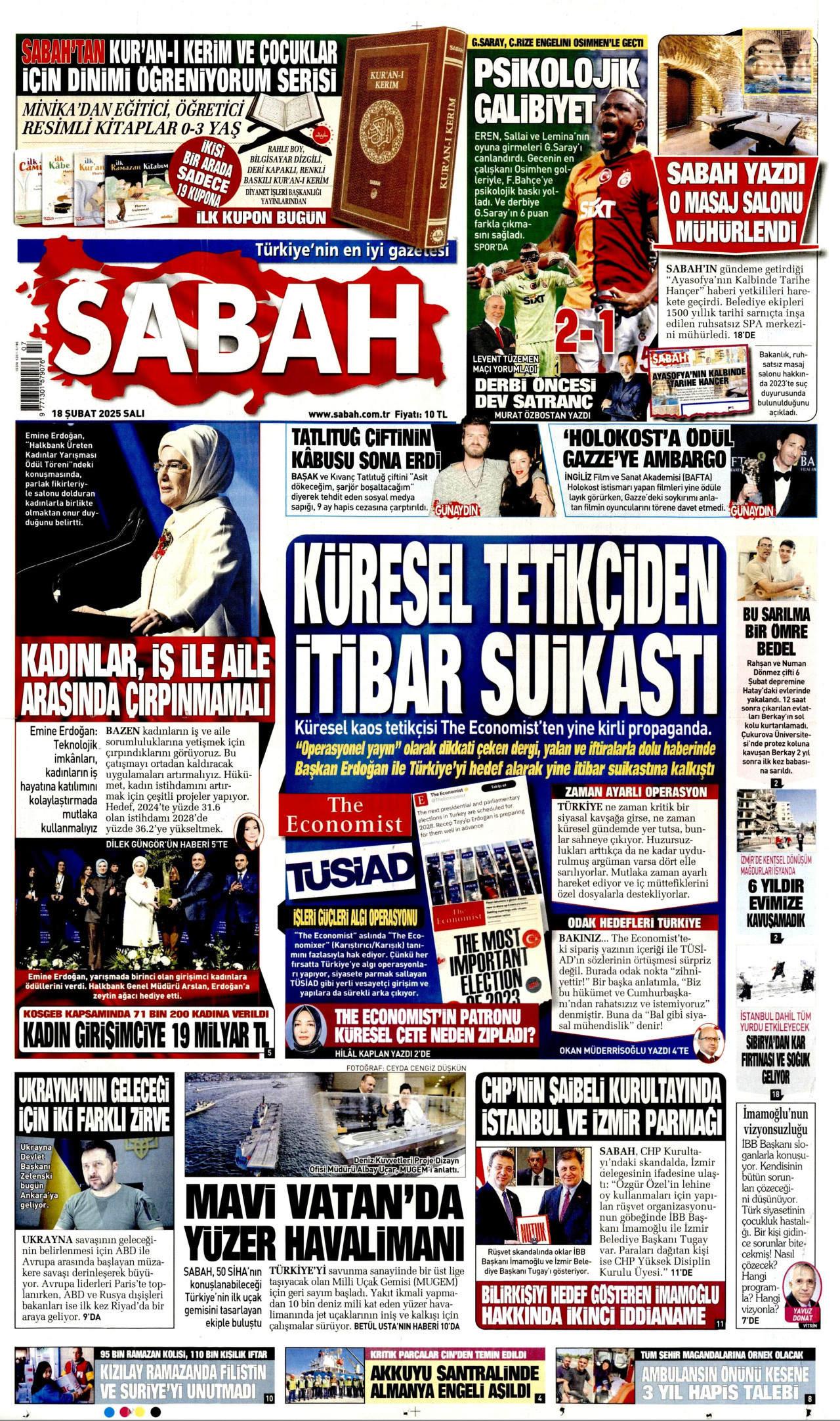 SABAH gazetesinin 18 Şubat 2025 tarihli birinci sayfası
