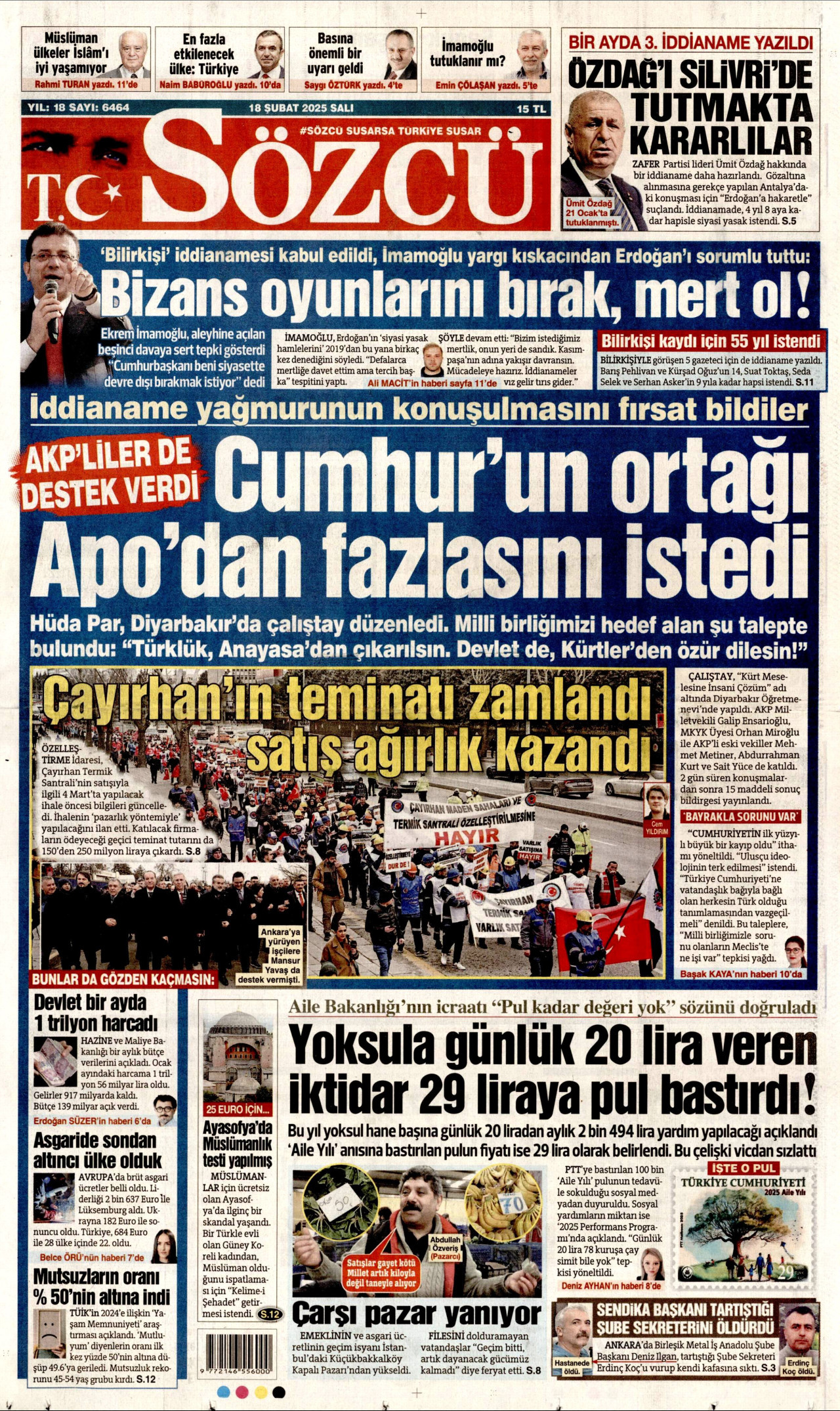SÖZCÜ gazetesinin 18 Şubat 2025 tarihli birinci sayfası