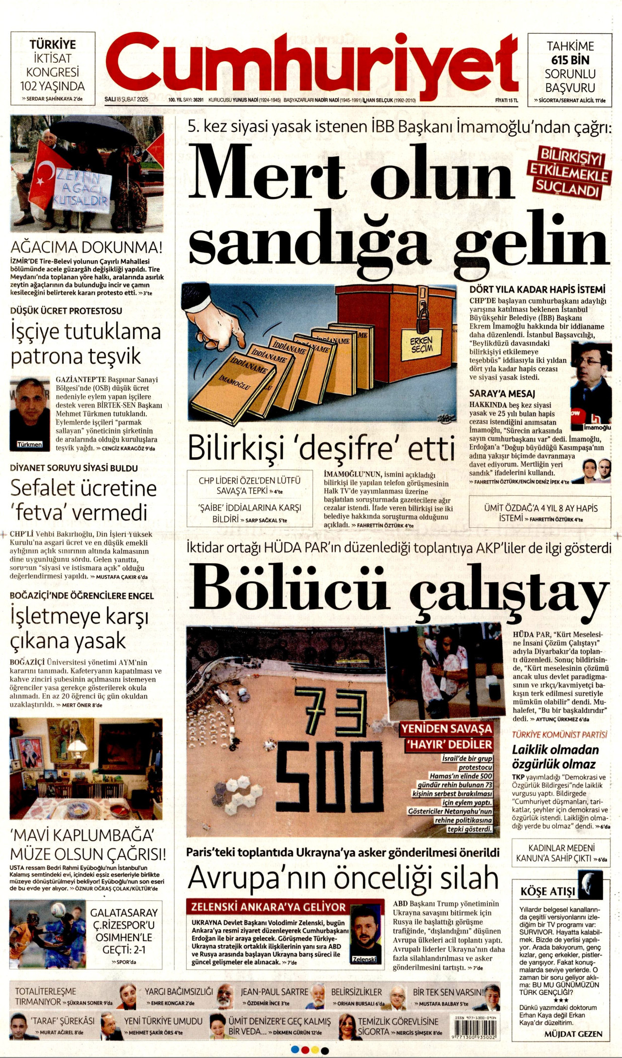 CUMHURİYET gazetesinin 18 Şubat 2025 tarihli birinci sayfası