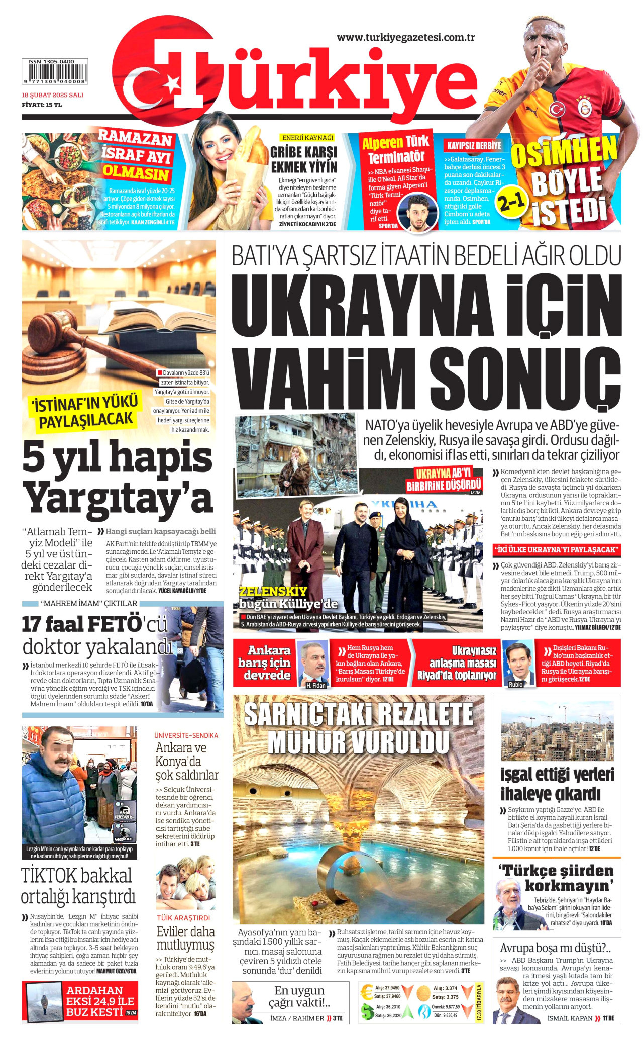 TÜRKİYE GAZETESİ gazetesinin 18 Şubat 2025 tarihli birinci sayfası