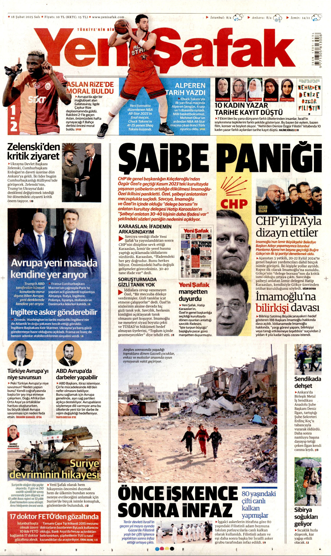 YENİ ŞAFAK gazetesinin 18 Şubat 2025 tarihli birinci sayfası