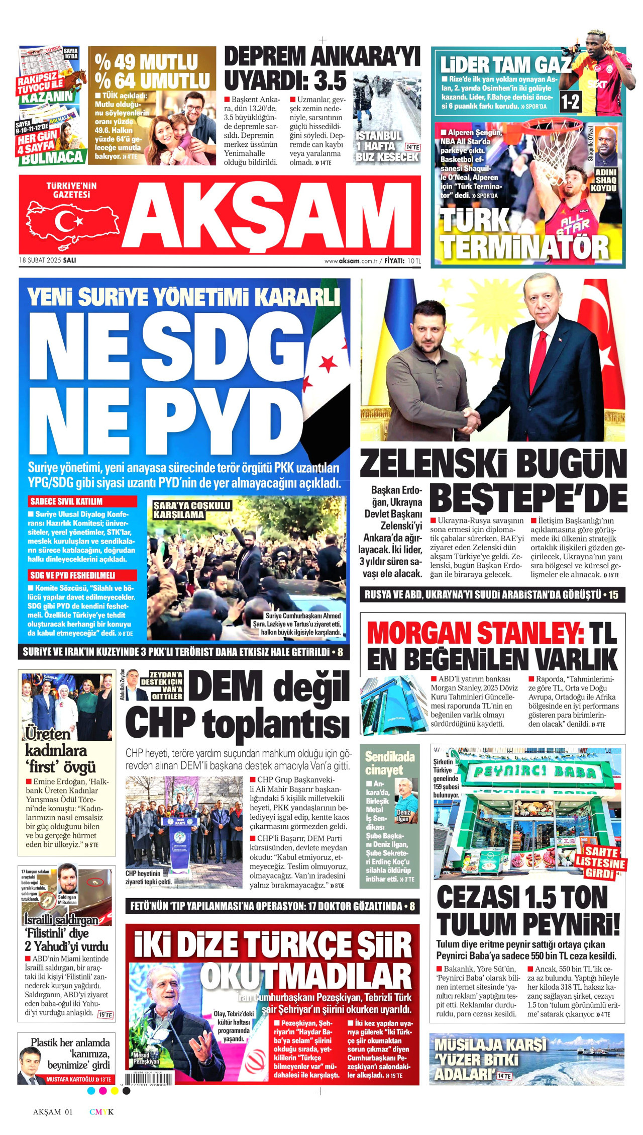 AKŞAM gazetesinin 18 Şubat 2025 tarihli birinci sayfası