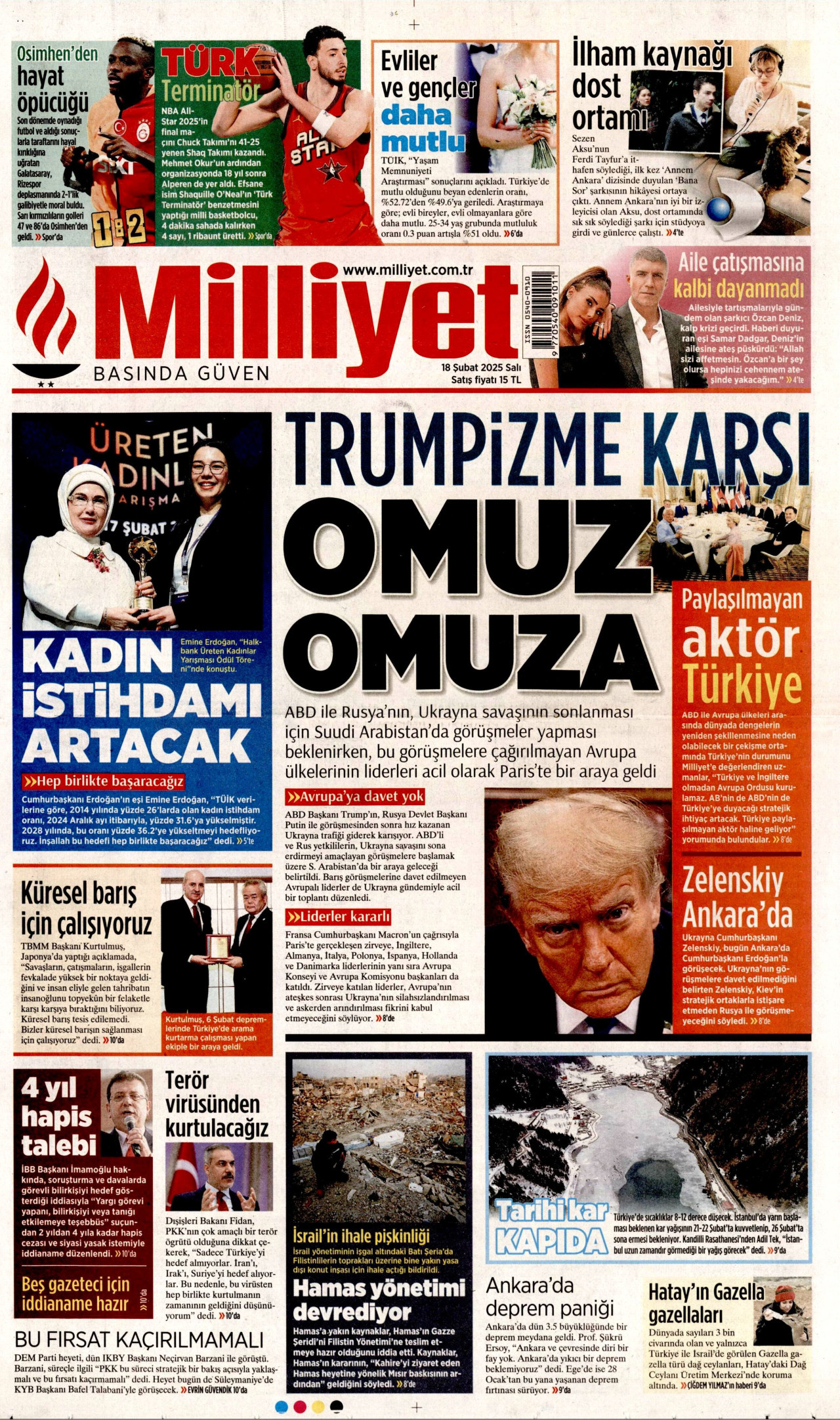 MİLLİYET gazetesinin 18 Şubat 2025 tarihli birinci sayfası