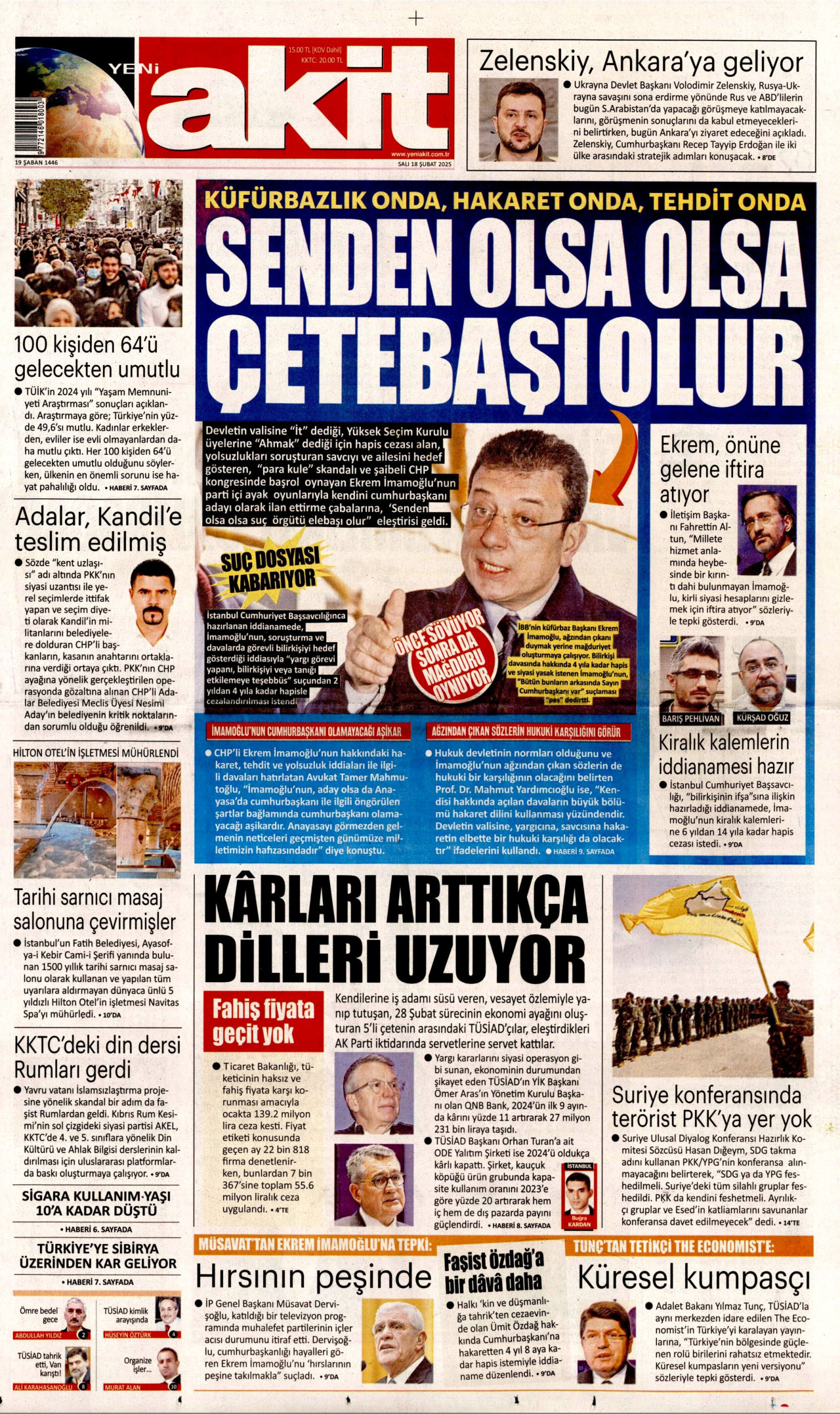 YENİ AKİT gazetesinin 18 Şubat 2025 tarihli birinci sayfası