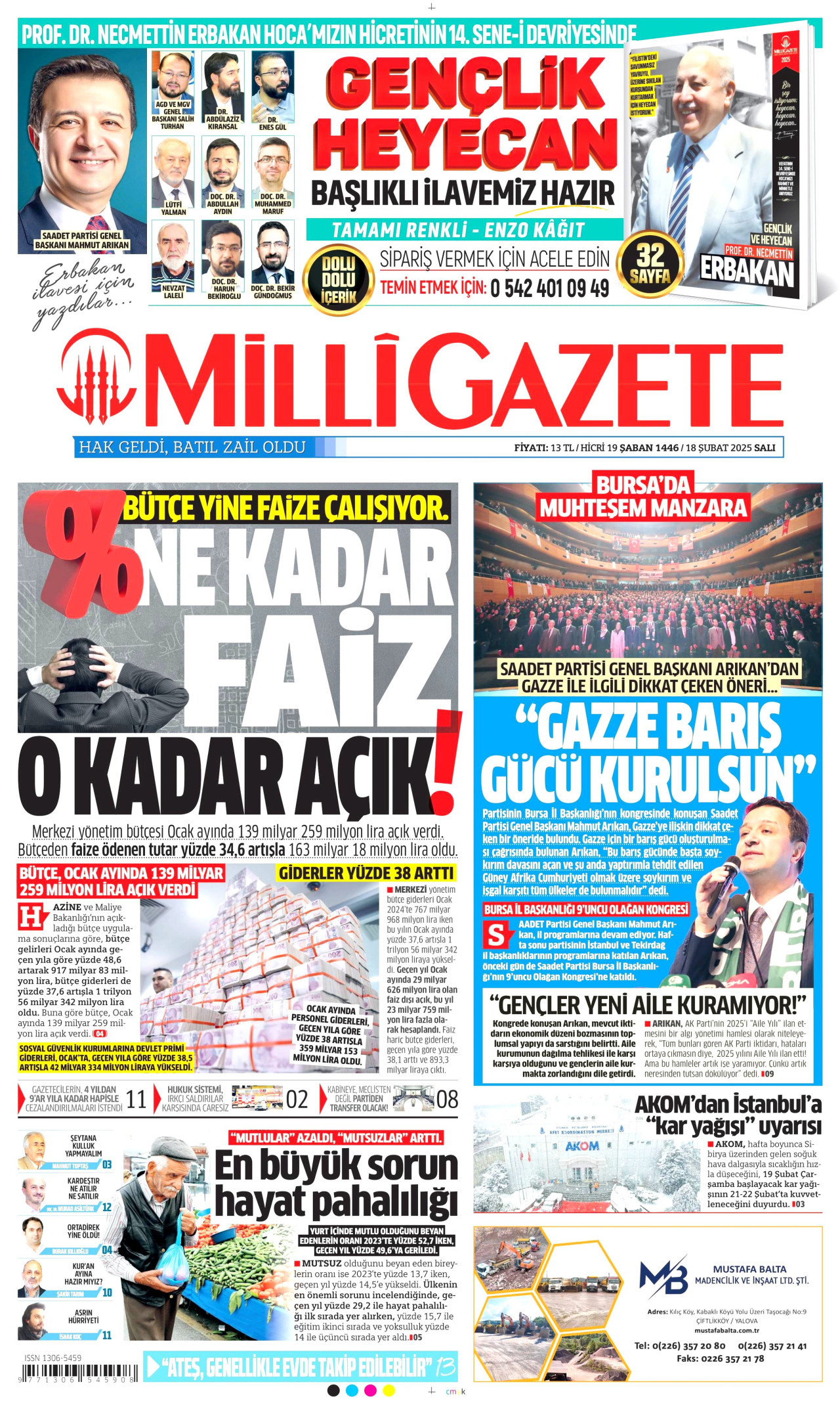 MİLLİ GAZETE gazetesinin 18 Şubat 2025 tarihli birinci sayfası