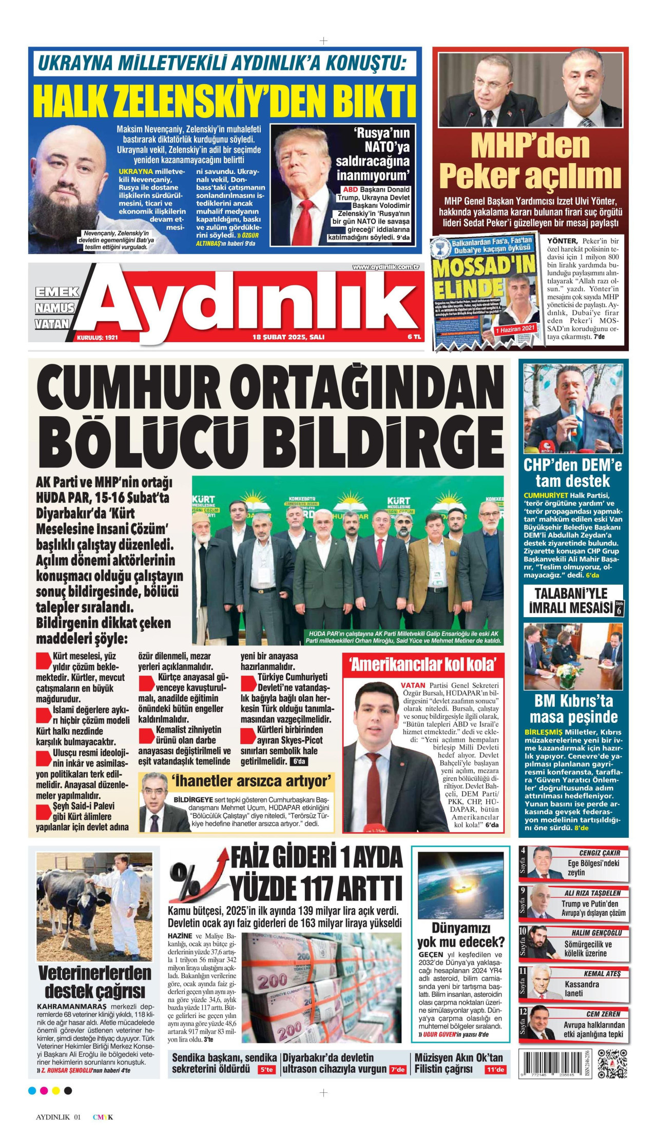 AYDINLIK GAZETESİ gazetesinin 18 Şubat 2025 tarihli birinci sayfası