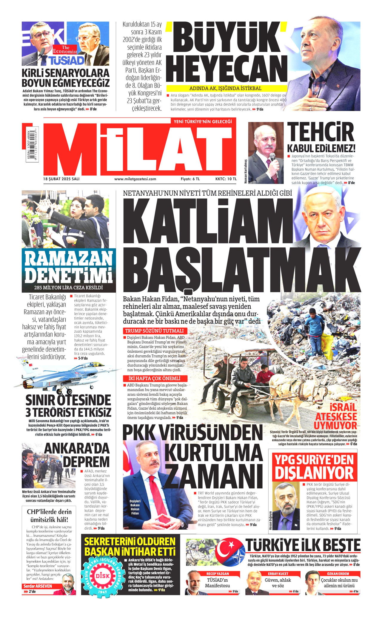 MİLAT gazetesinin 18 Şubat 2025 tarihli birinci sayfası