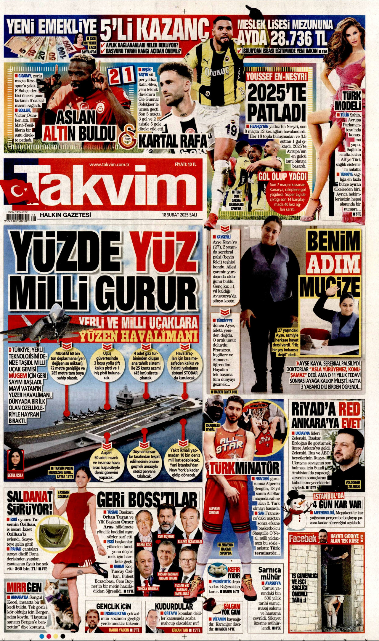 TAKVİM gazetesinin 18 Şubat 2025 tarihli birinci sayfası