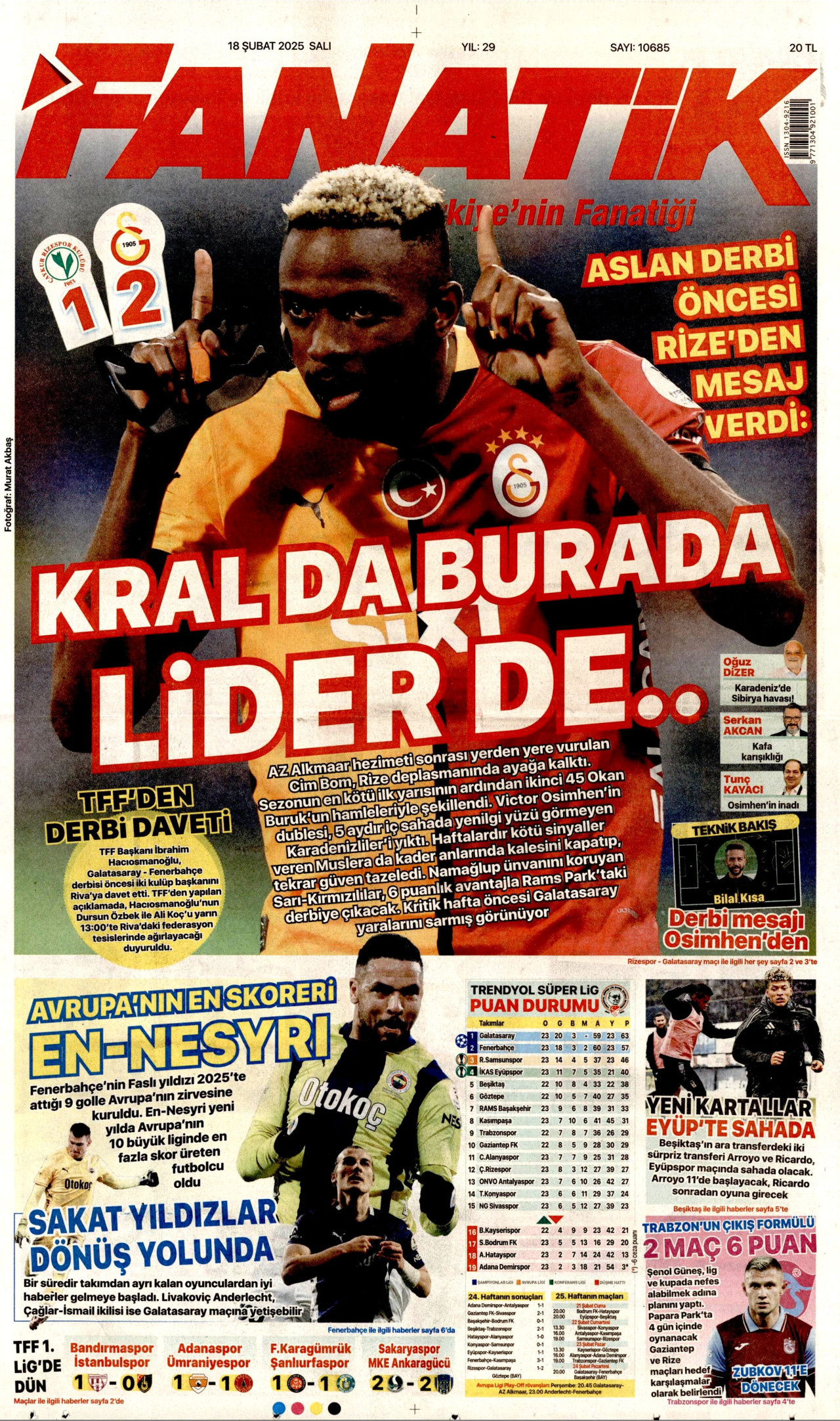 FANATİK gazetesinin 18 Şubat 2025 tarihli birinci sayfası