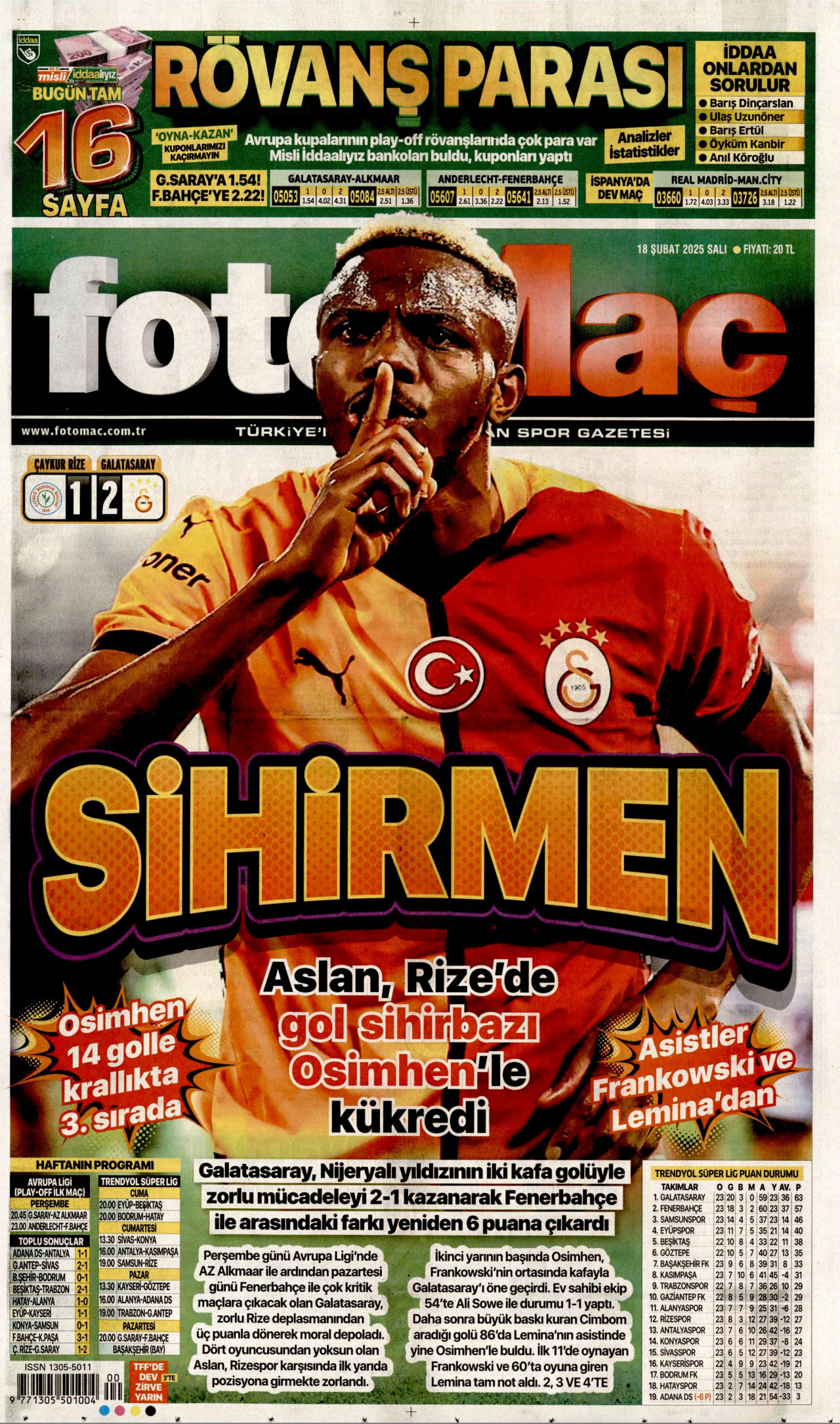 FOTOMAÇ gazetesinin 18 Şubat 2025 tarihli birinci sayfası