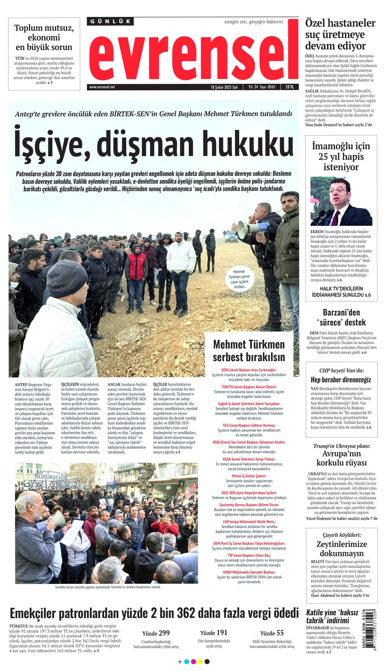 EVRENSEL gazetesinin 18 Şubat 2025 tarihli birinci sayfası