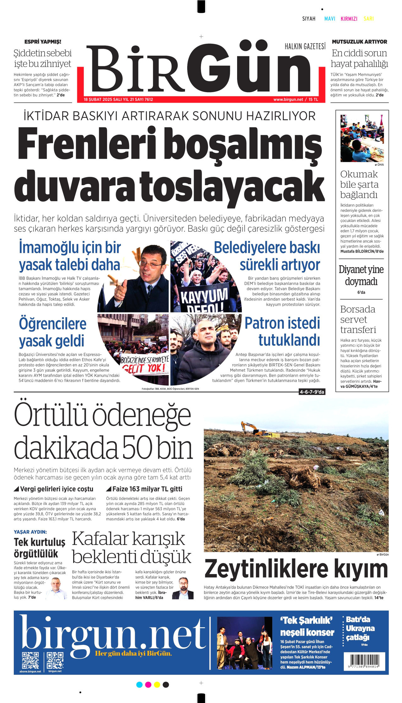 BİRGÜN gazetesinin 18 Şubat 2025 tarihli birinci sayfası
