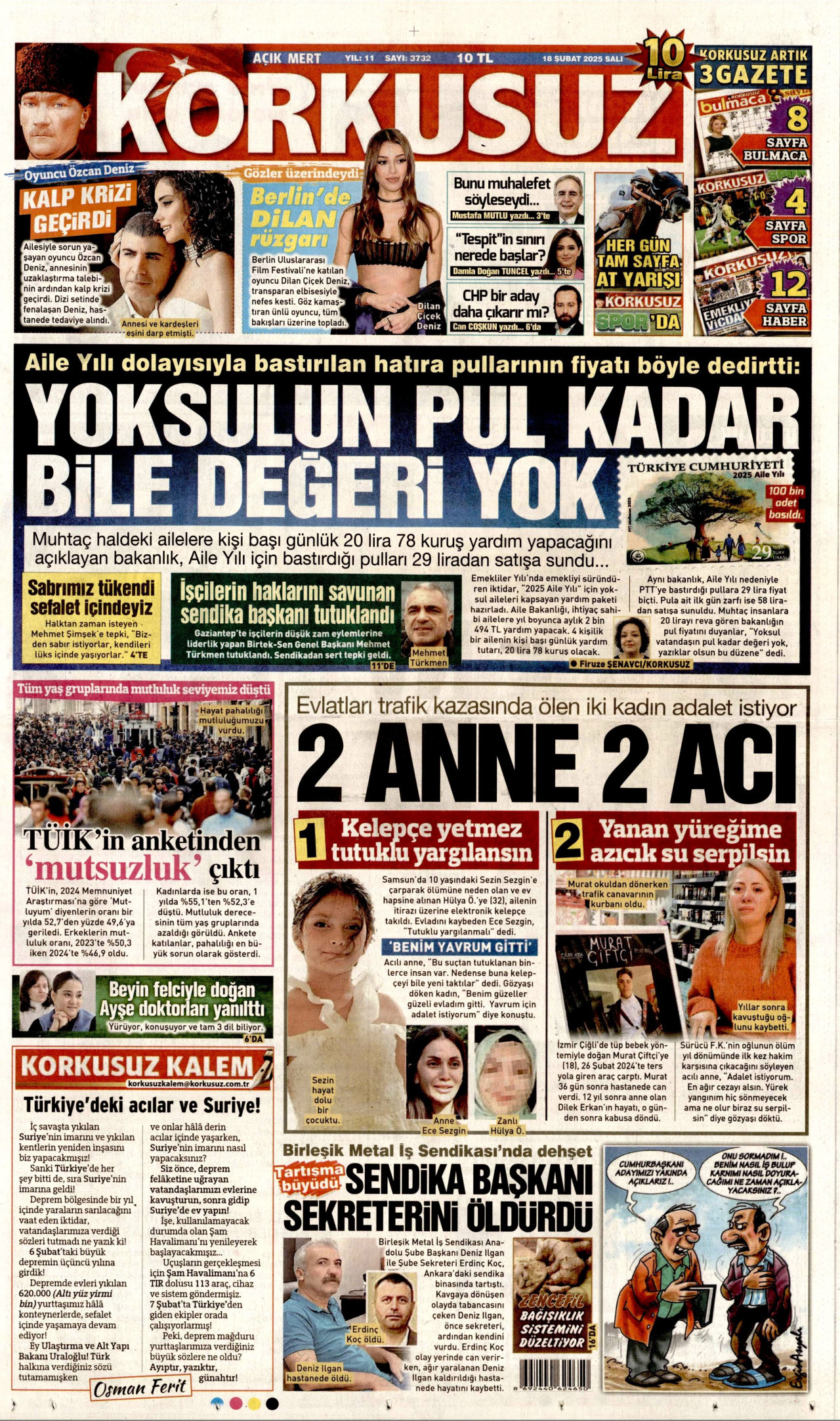 KORKUSUZ gazetesinin 18 Şubat 2025 tarihli birinci sayfası