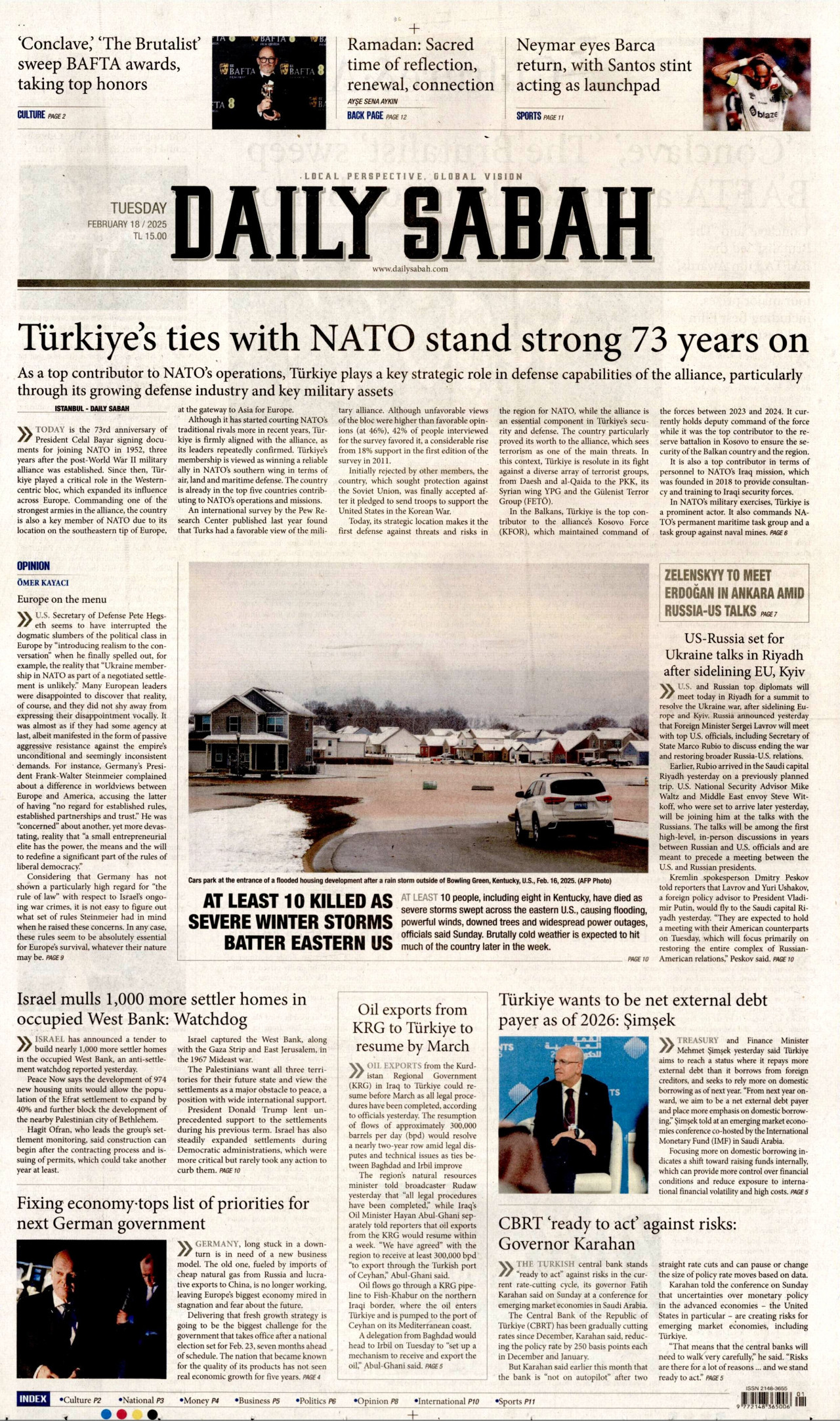 DAİLY SABAH gazetesinin 18 Şubat 2025 tarihli birinci sayfası