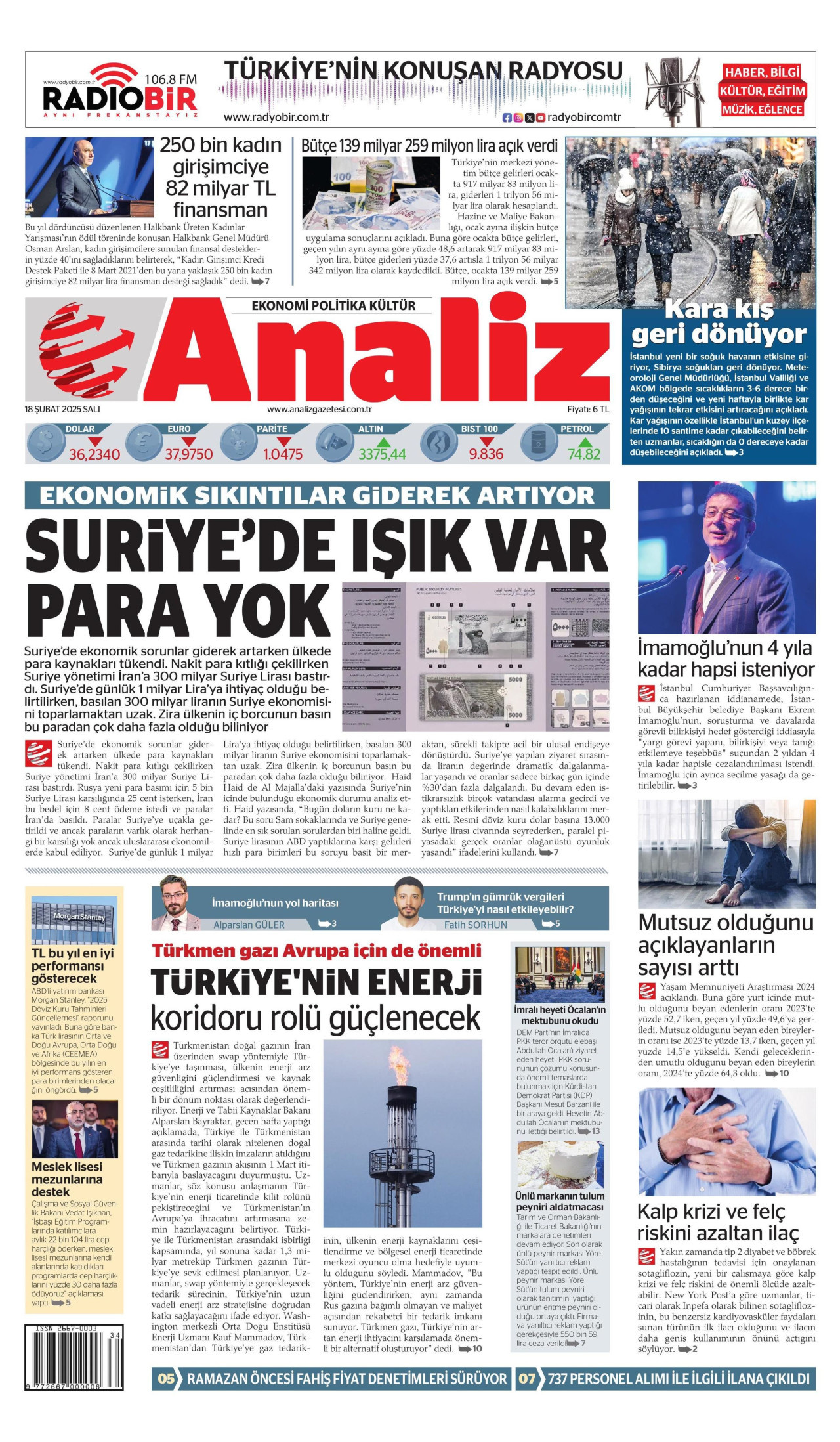 ANALİZ gazetesinin 18 Şubat 2025 tarihli birinci sayfası