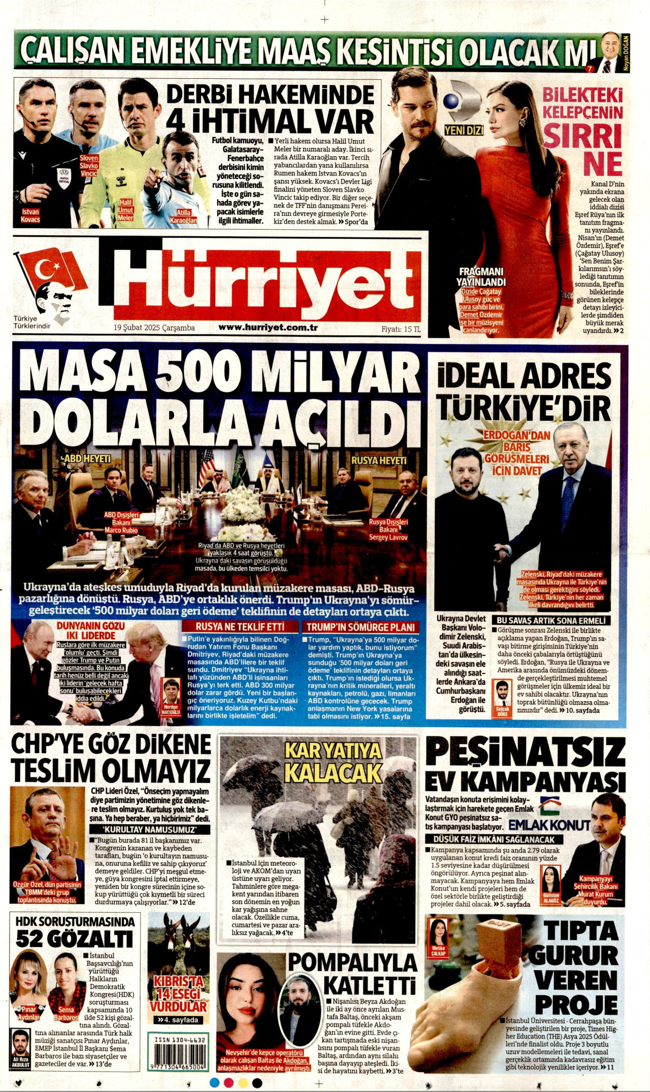 HÜRRİYET gazetesinin 19 Şubat 2025 tarihli birinci sayfası