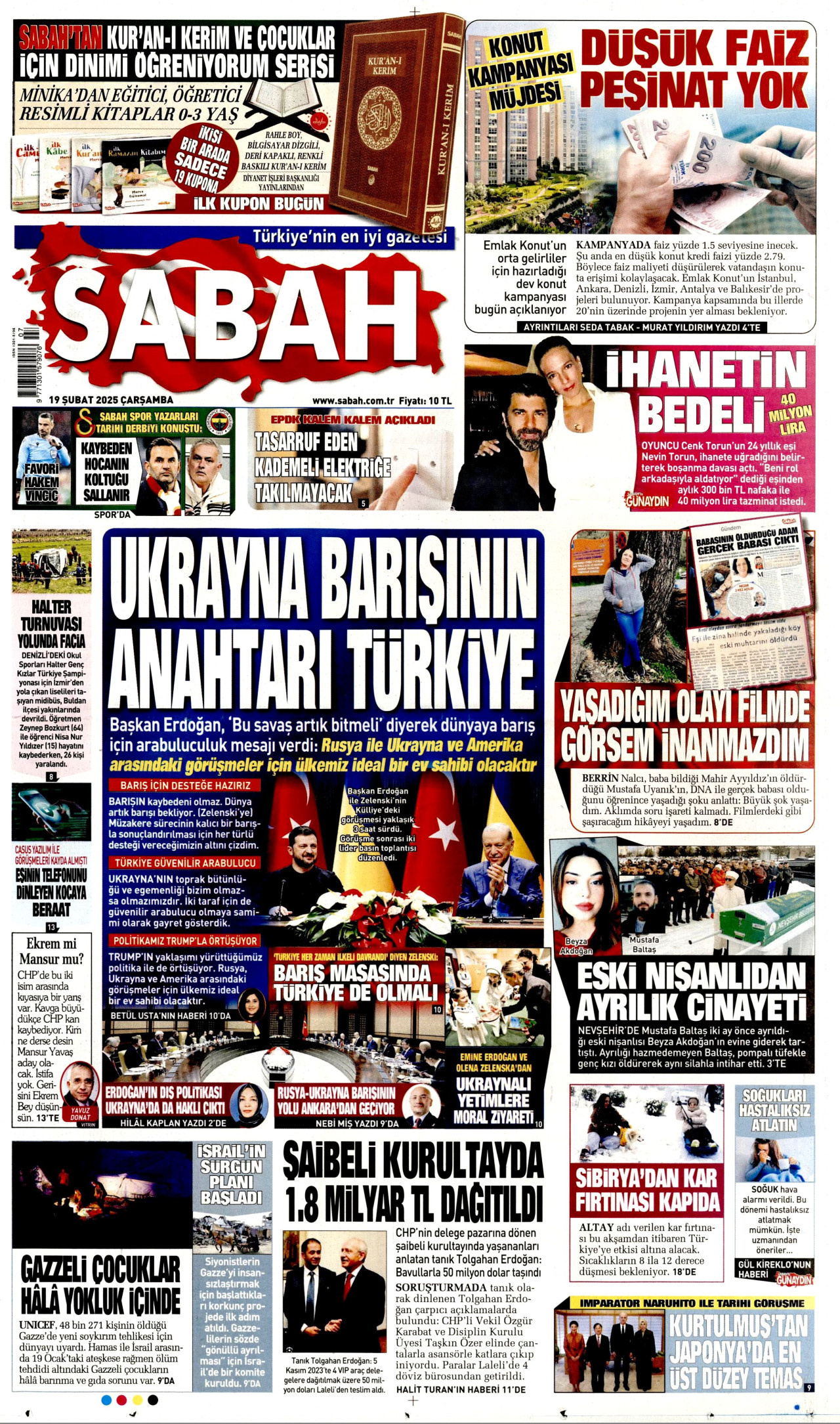 SABAH gazetesinin 19 Şubat 2025 tarihli birinci sayfası