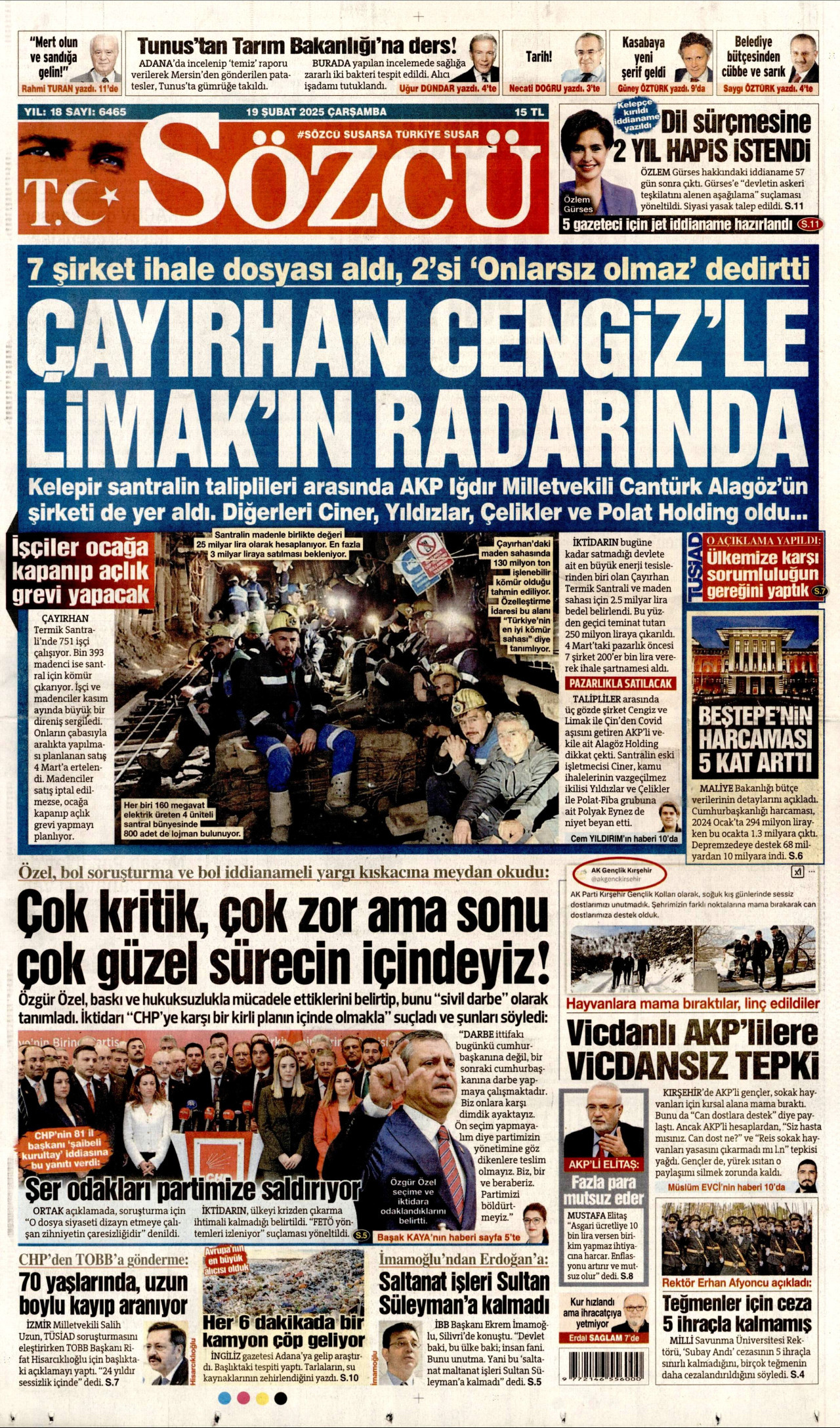 SÖZCÜ gazetesinin 19 Şubat 2025 tarihli birinci sayfası
