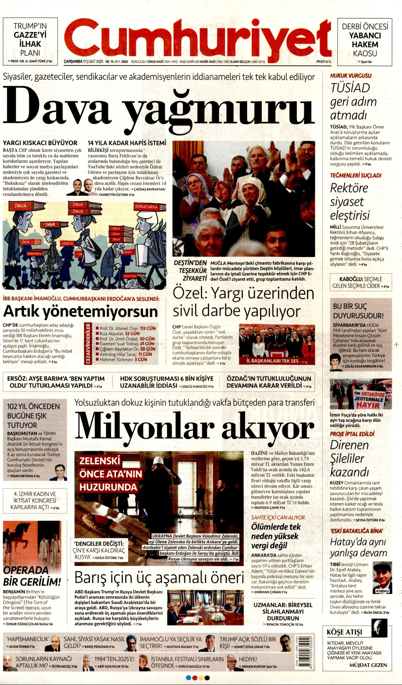 CUMHURİYET gazetesinin 19 Şubat 2025 tarihli birinci sayfası