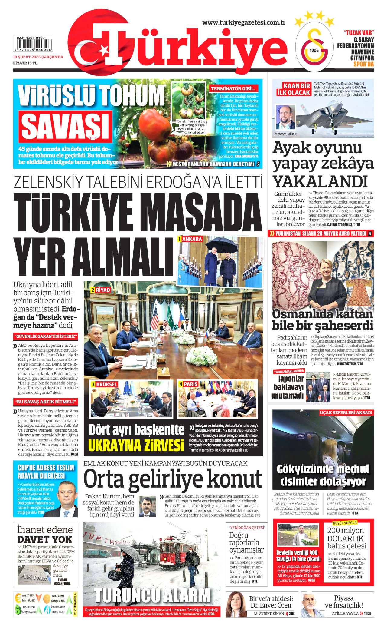 TÜRKİYE GAZETESİ gazetesinin 19 Şubat 2025 tarihli birinci sayfası