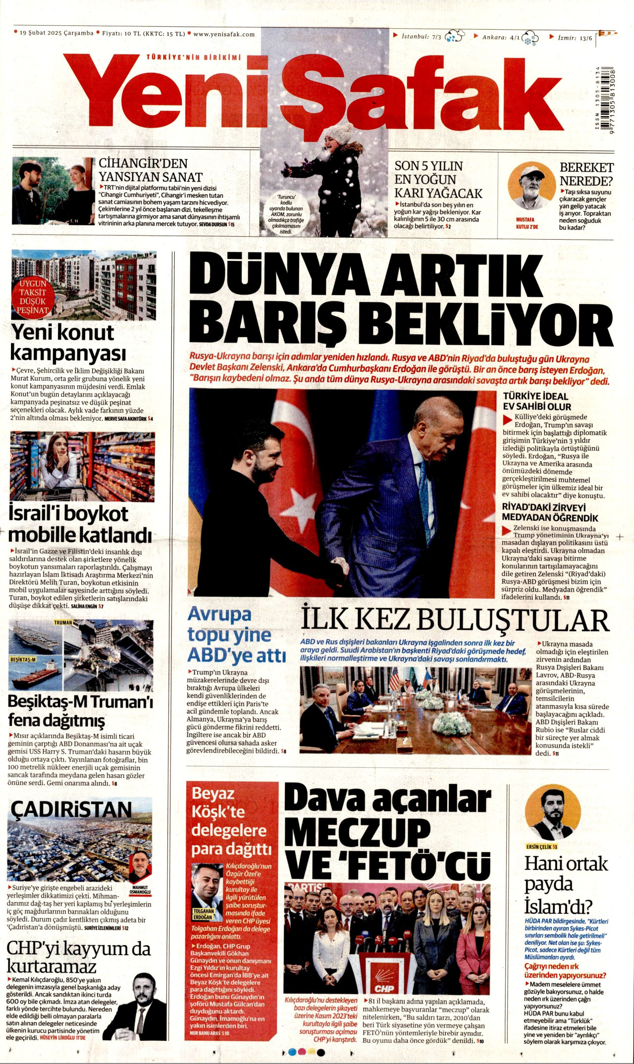 YENİ ŞAFAK gazetesinin 19 Şubat 2025 tarihli birinci sayfası