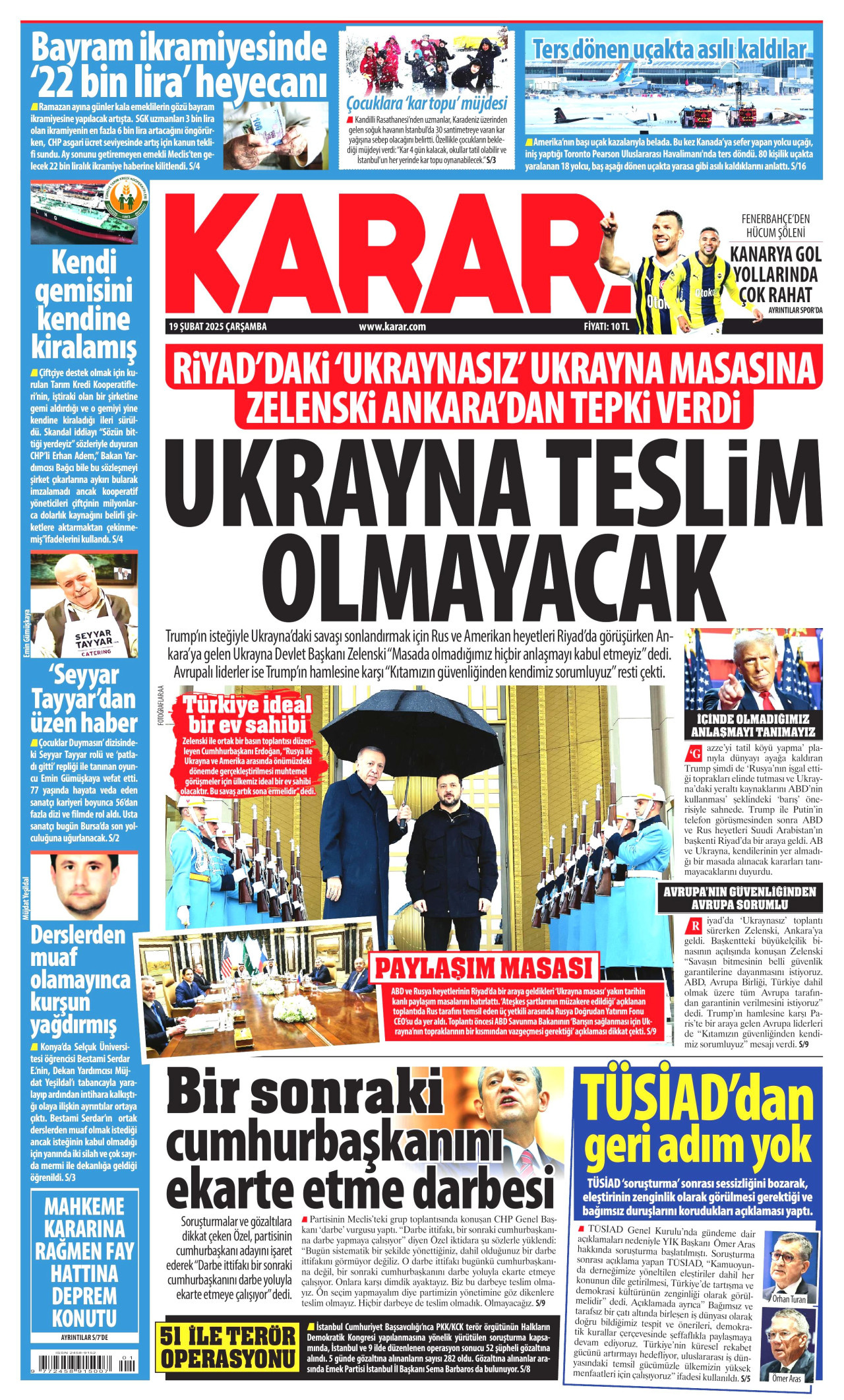 KARAR gazetesinin 19 Şubat 2025 tarihli birinci sayfası