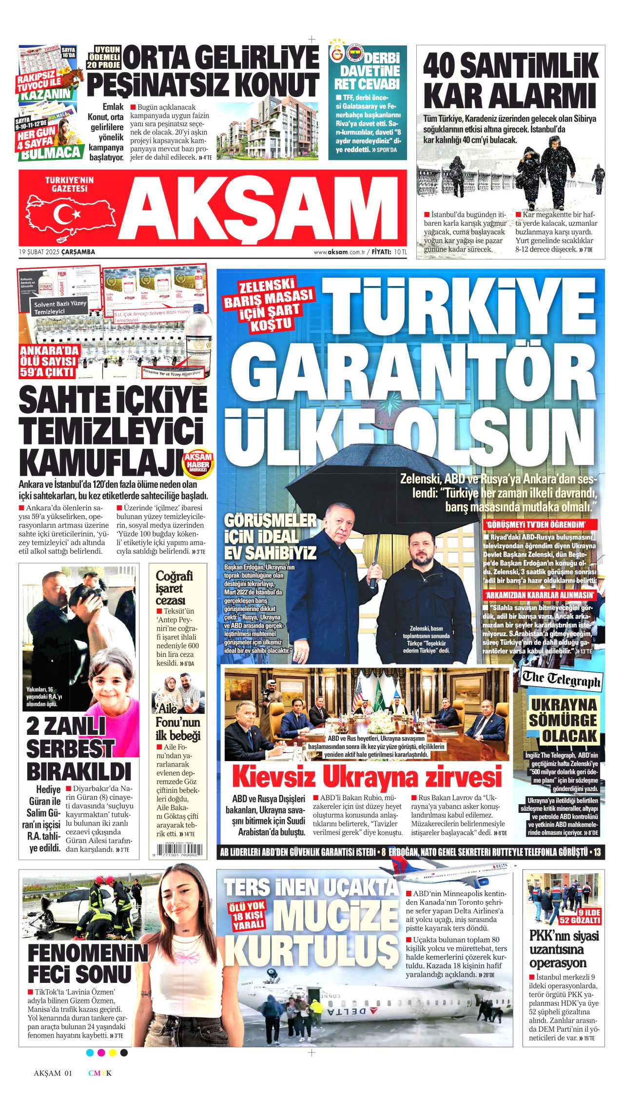 AKŞAM gazetesinin 19 Şubat 2025 tarihli birinci sayfası