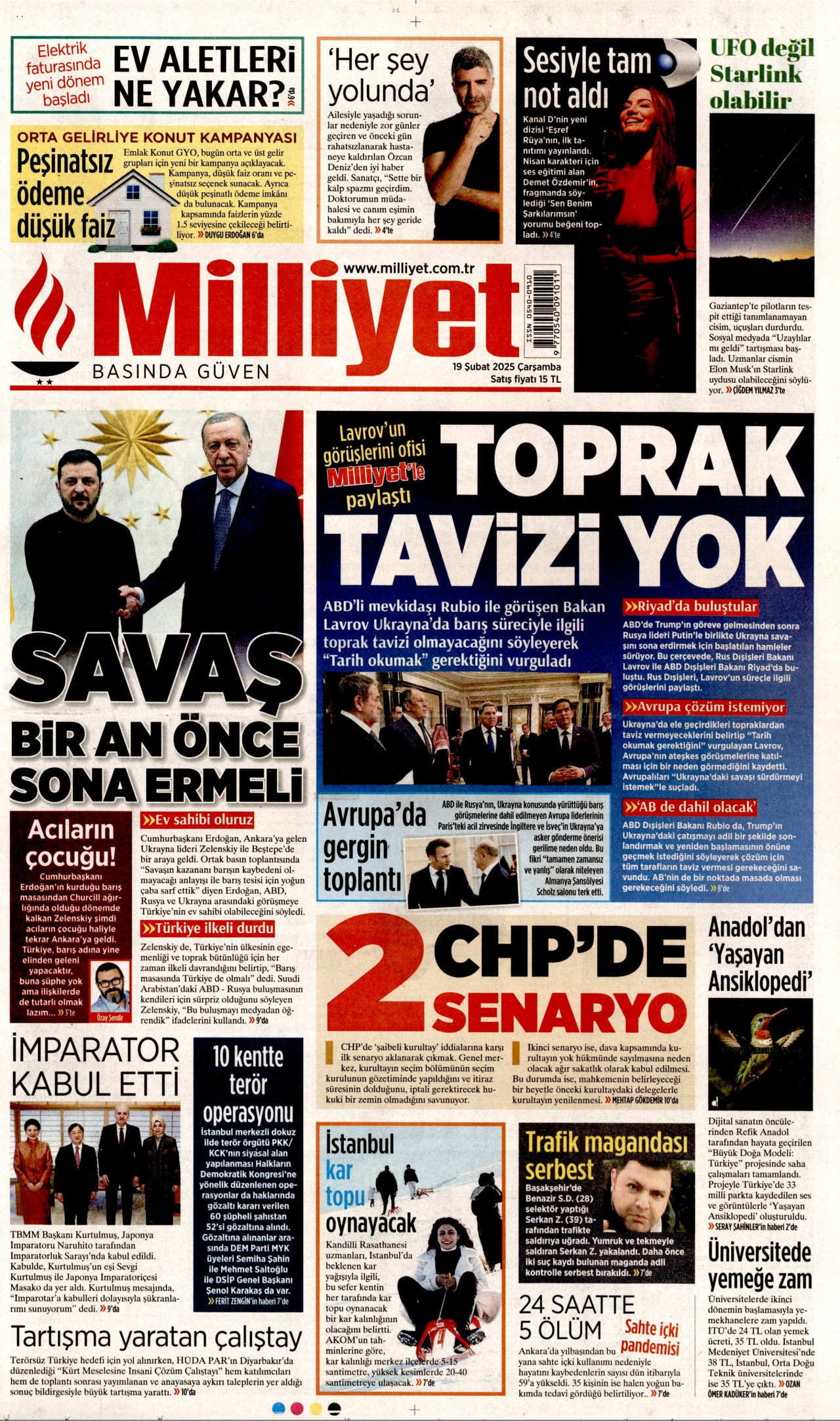 MİLLİYET gazetesinin 19 Şubat 2025 tarihli birinci sayfası