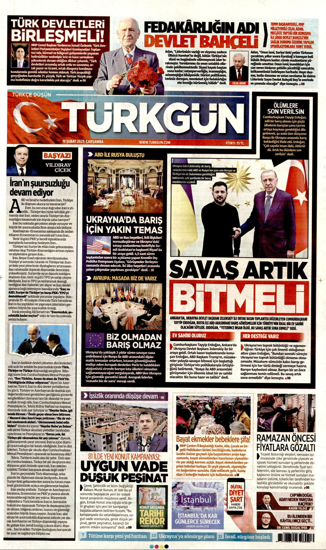 TÜRKGÜN gazetesinin 19 Şubat 2025 tarihli birinci sayfası
