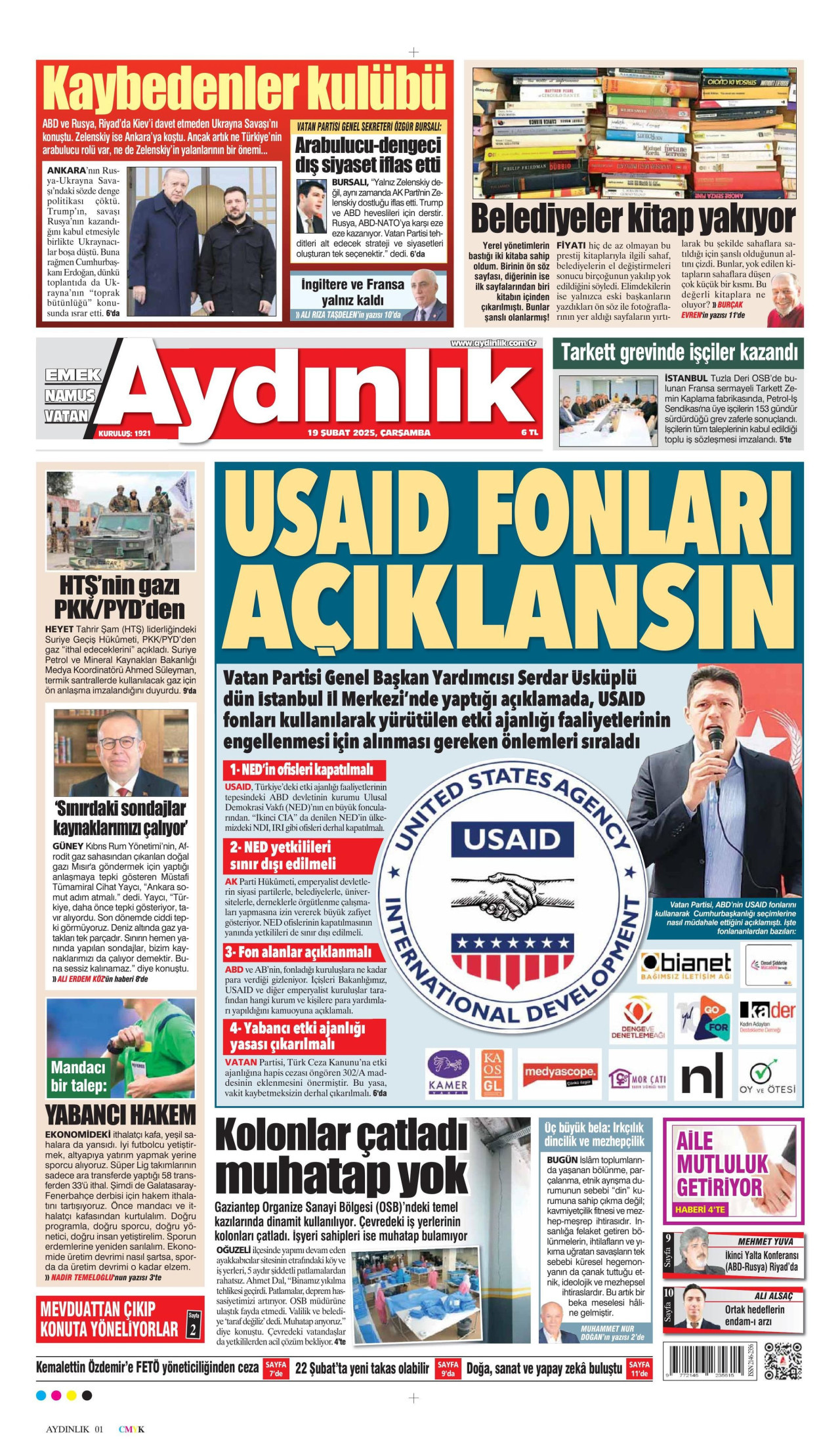 AYDINLIK GAZETESİ gazetesinin 19 Şubat 2025 tarihli birinci sayfası