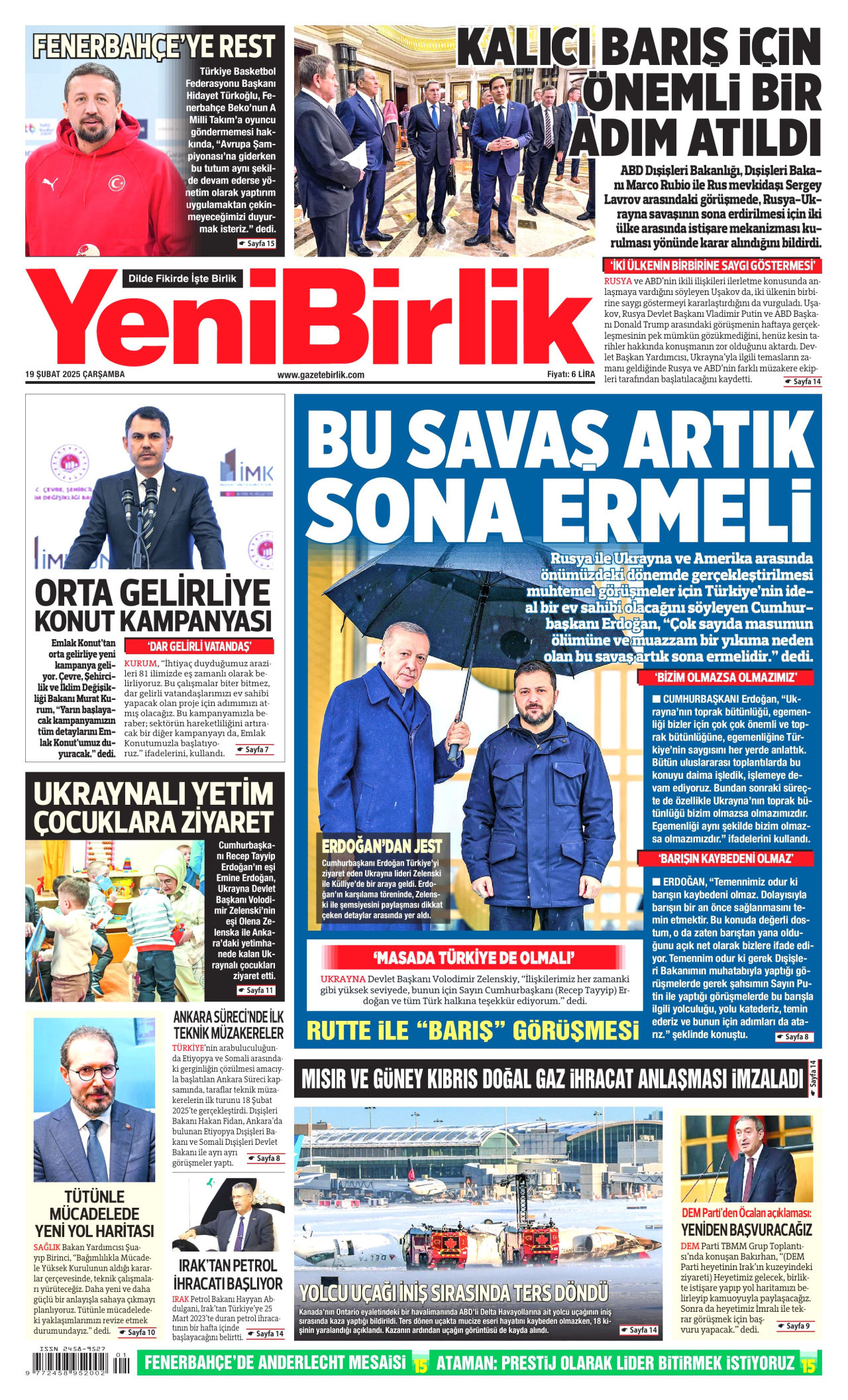 YENİBİRLİK gazetesinin 19 Şubat 2025 tarihli birinci sayfası