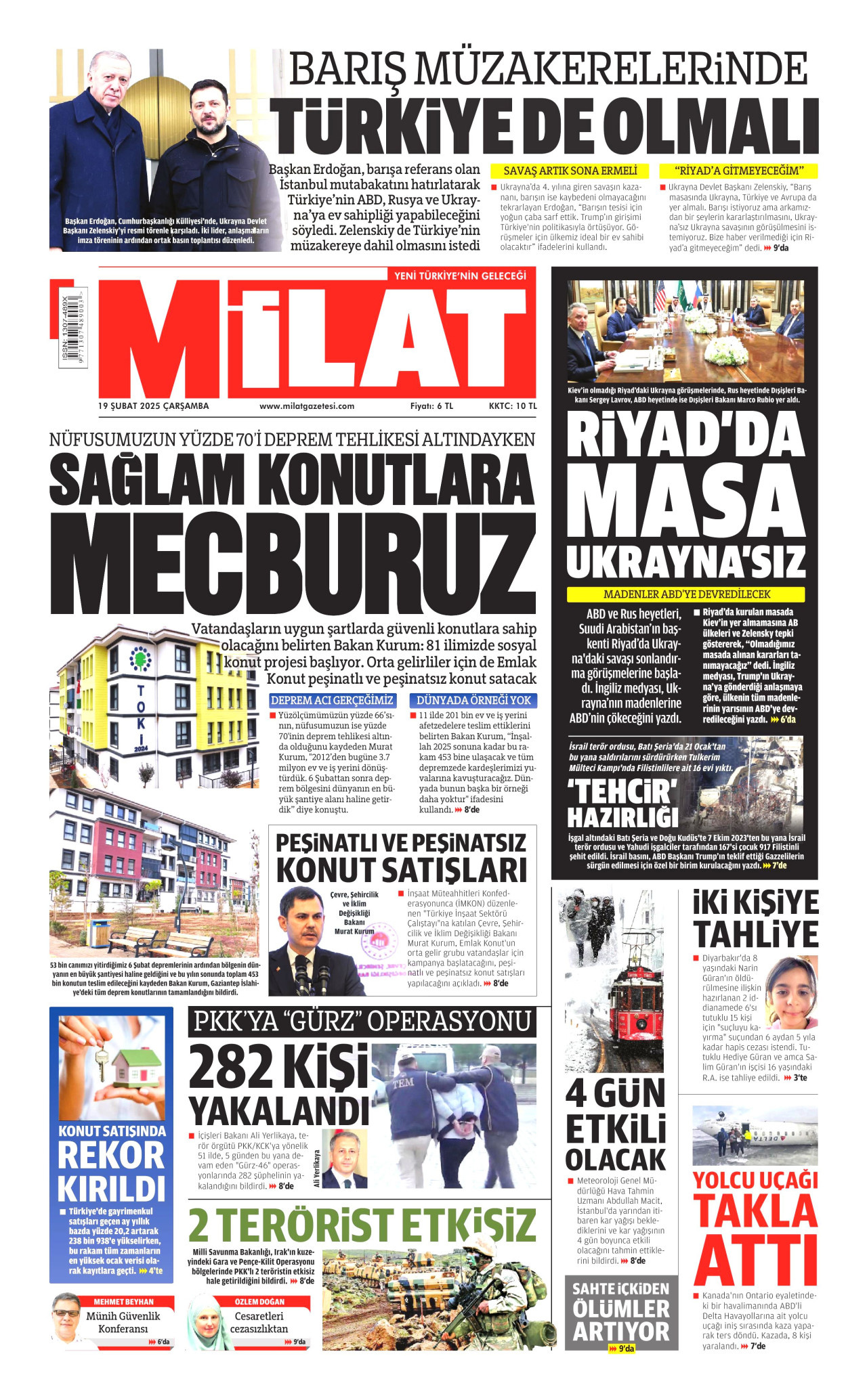 MİLAT gazetesinin 19 Şubat 2025 tarihli birinci sayfası