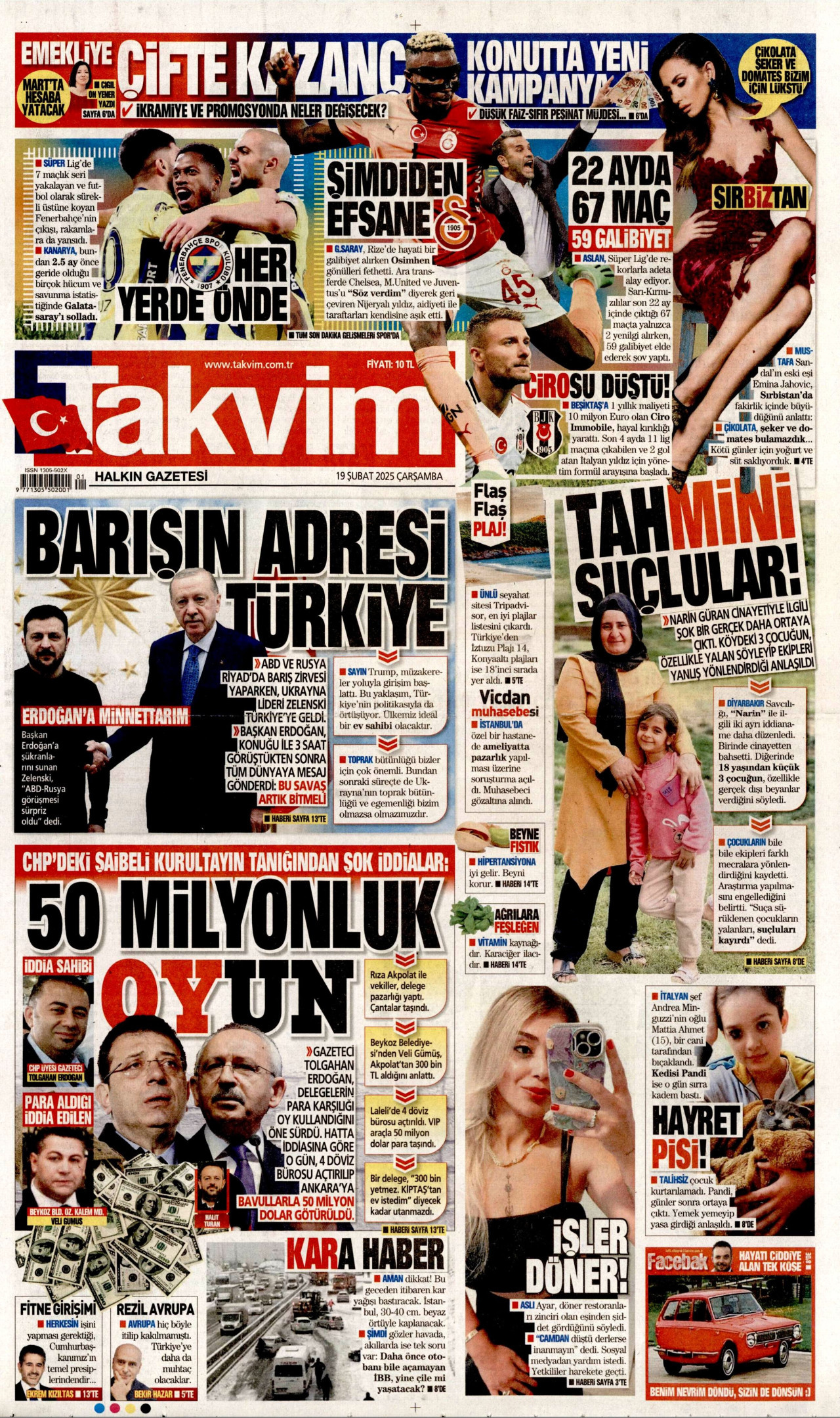 TAKVİM gazetesinin 19 Şubat 2025 tarihli birinci sayfası