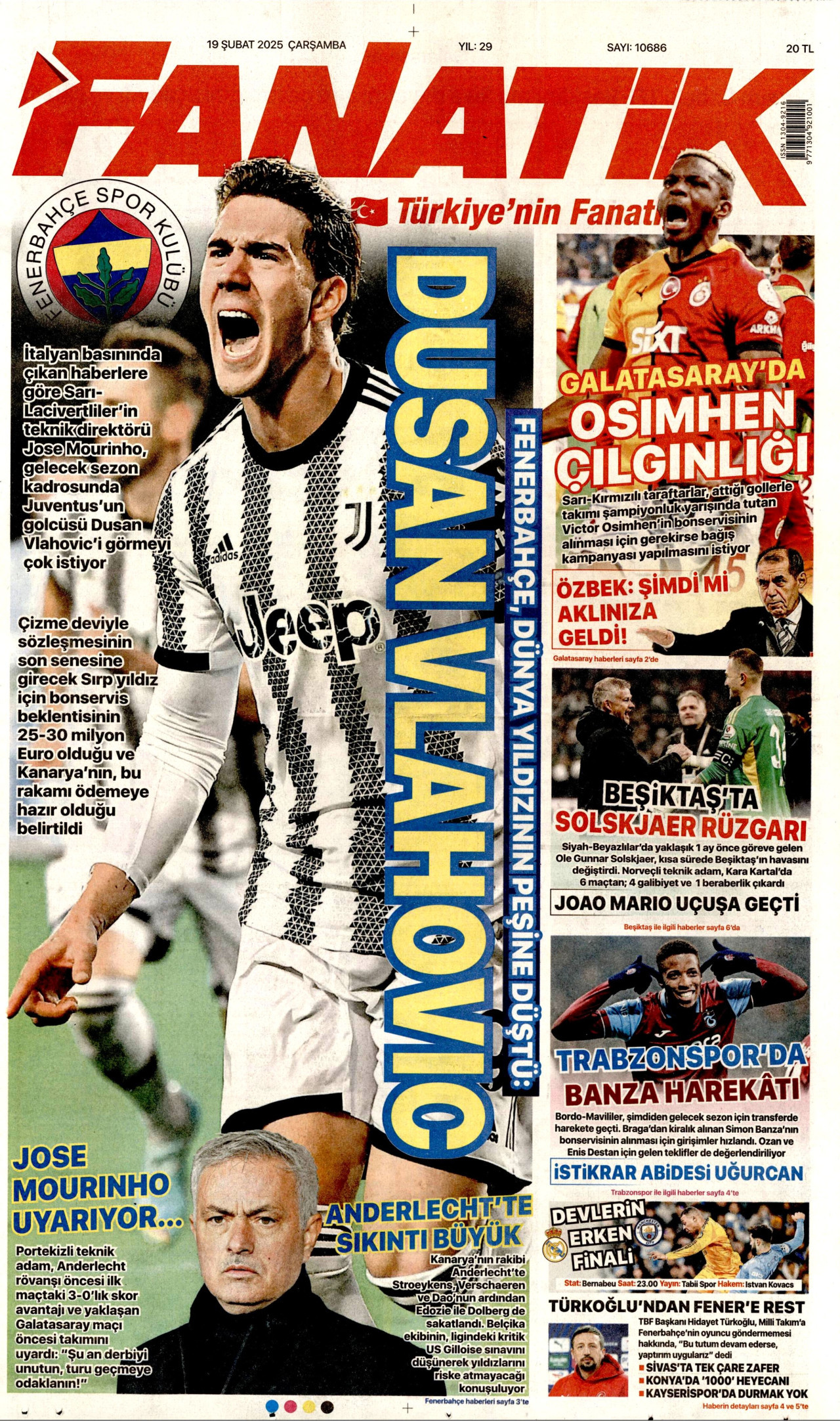 FANATİK gazetesinin 19 Şubat 2025 tarihli birinci sayfası