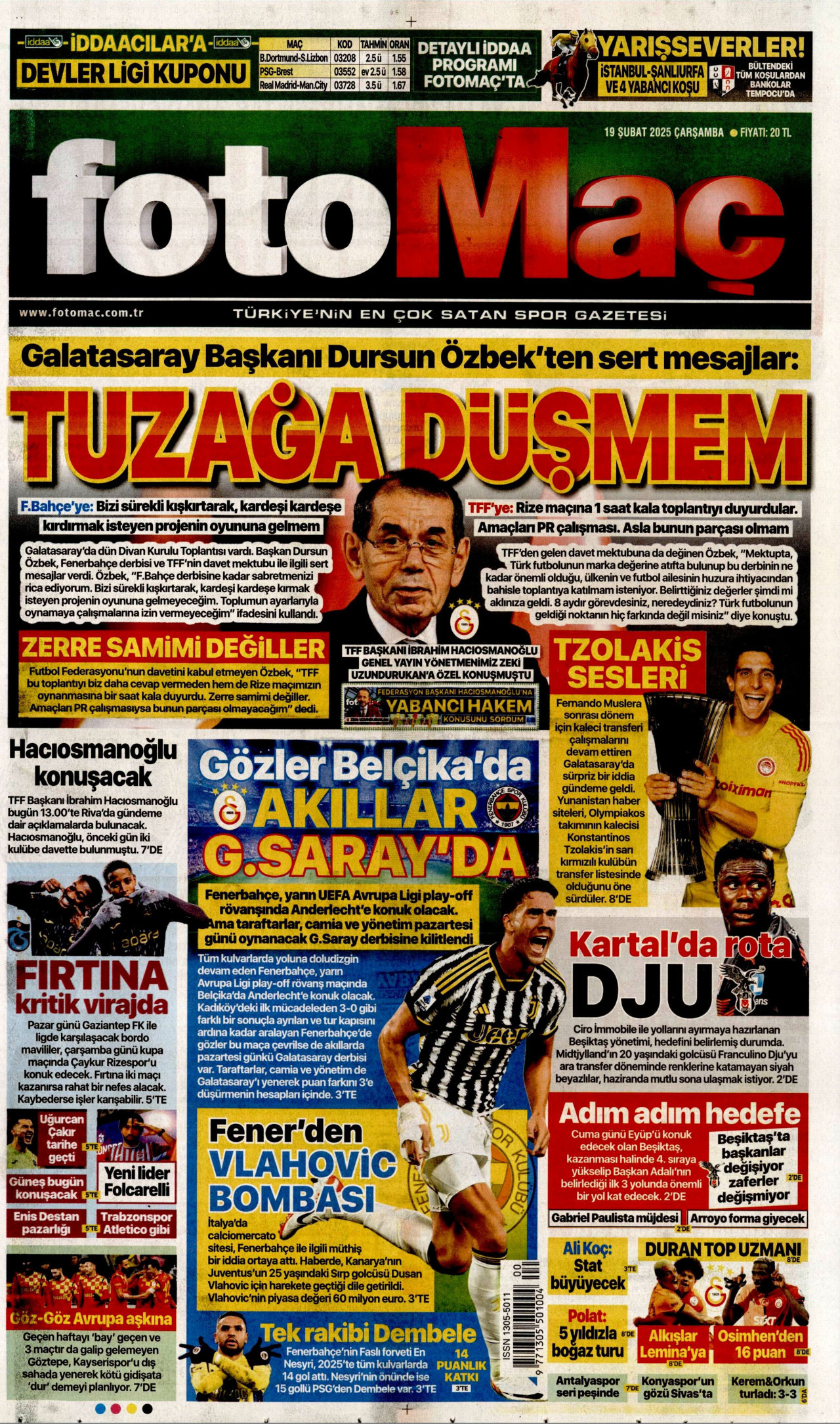 FOTOMAÇ gazetesinin 19 Şubat 2025 tarihli birinci sayfası
