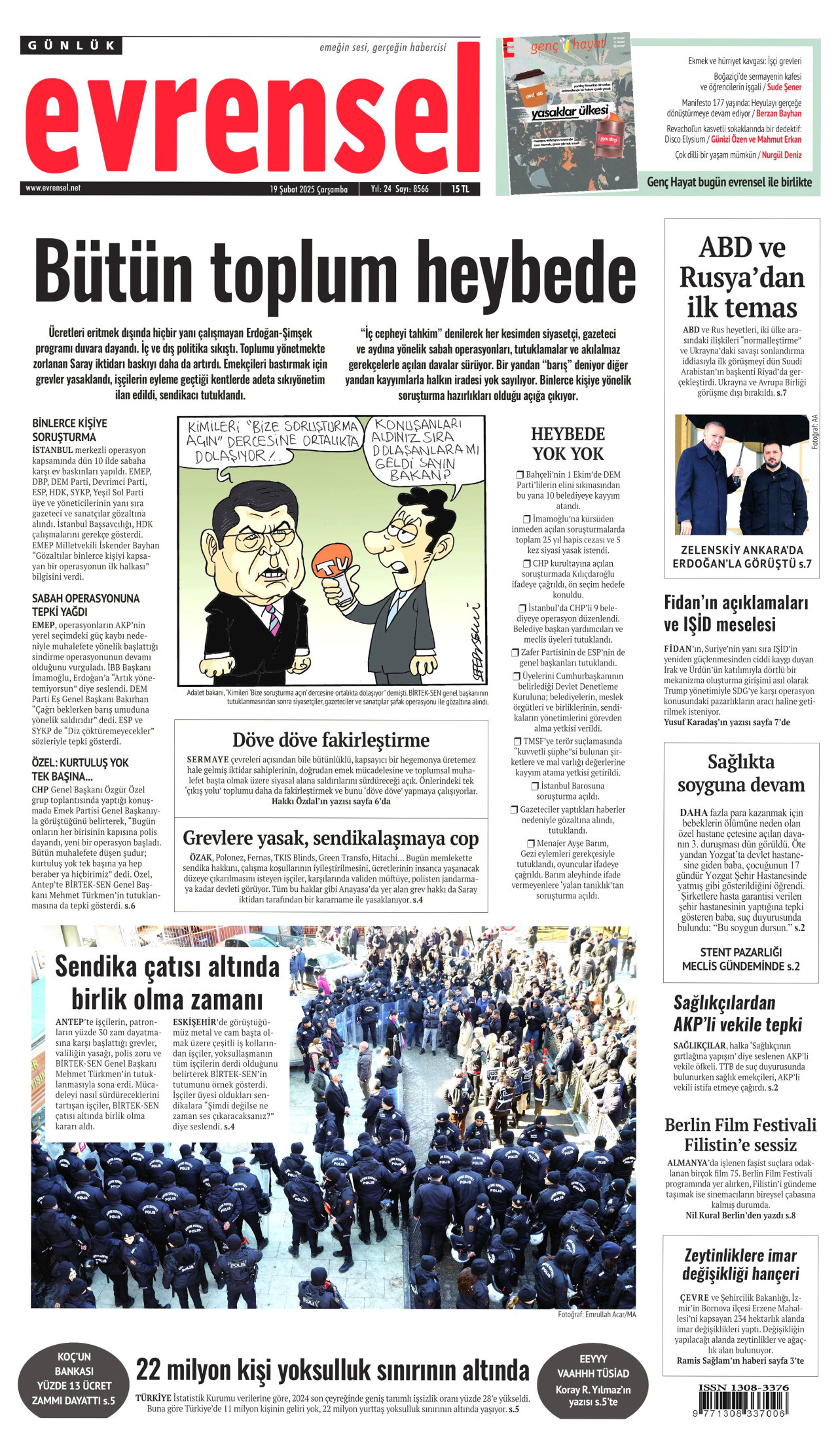 EVRENSEL gazetesinin 19 Şubat 2025 tarihli birinci sayfası