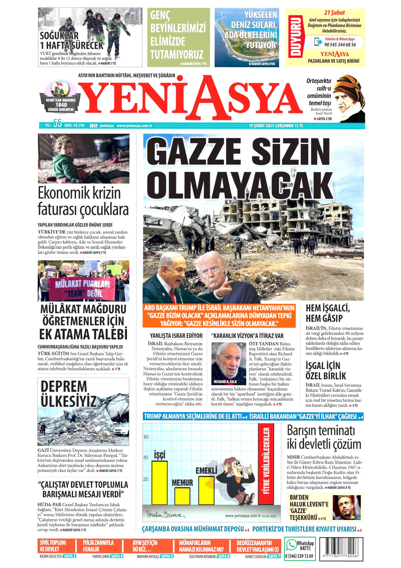 YENİ ASYA gazetesinin 19 Şubat 2025 tarihli birinci sayfası
