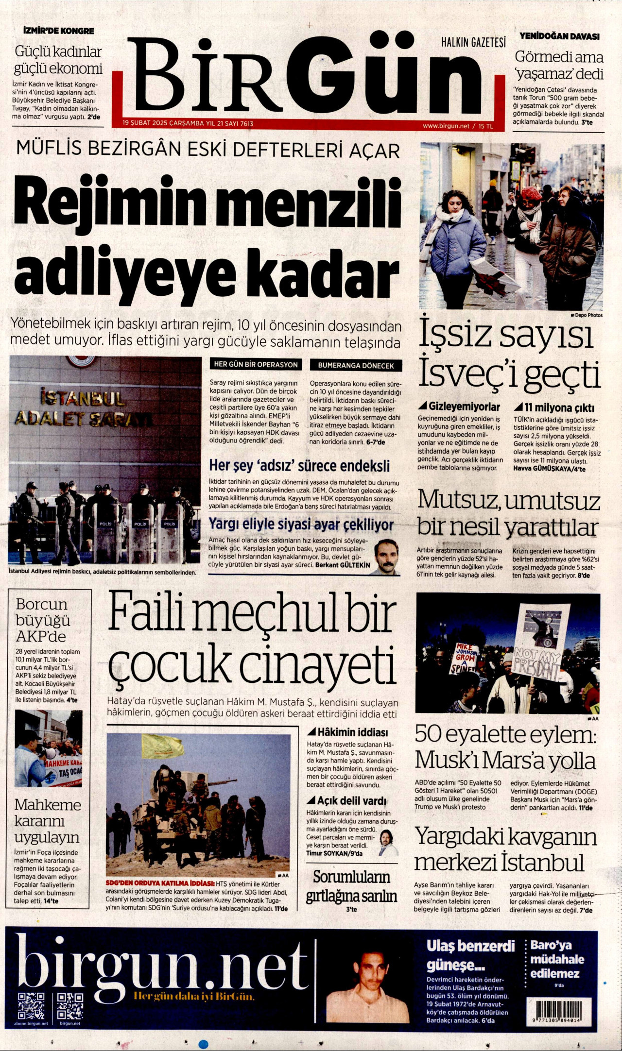 BİRGÜN gazetesinin 19 Şubat 2025 tarihli birinci sayfası