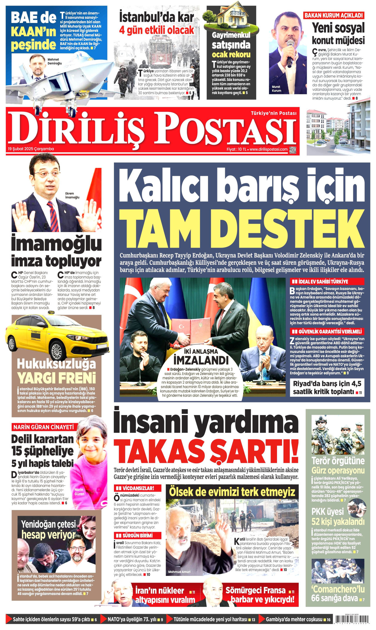 DİRİLİŞ POSTASI gazetesinin 19 Şubat 2025 tarihli birinci sayfası
