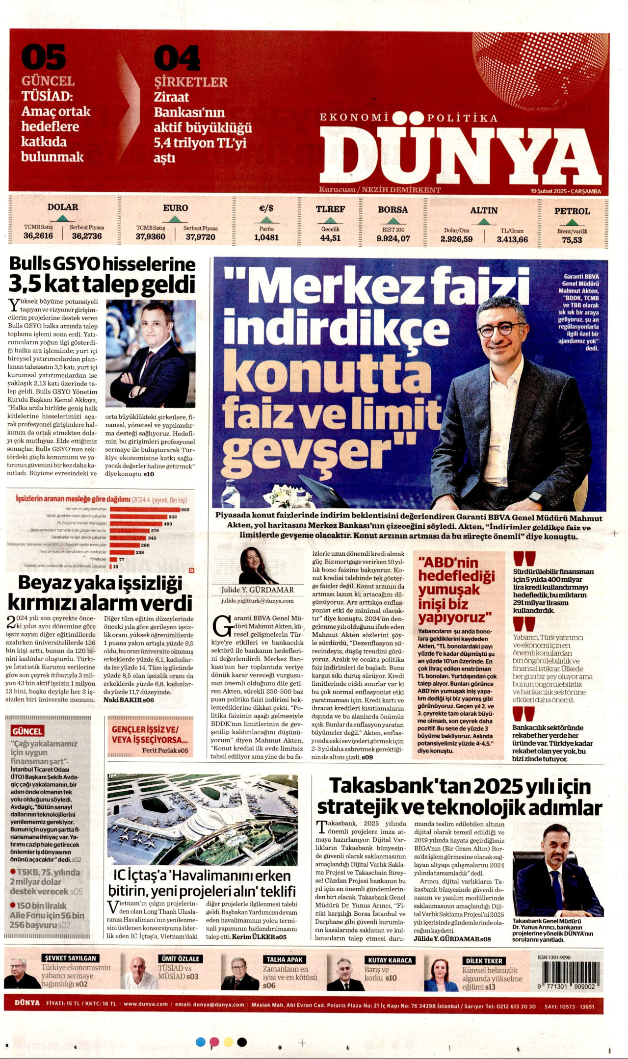 DÜNYA gazetesinin 19 Şubat 2025 tarihli birinci sayfası