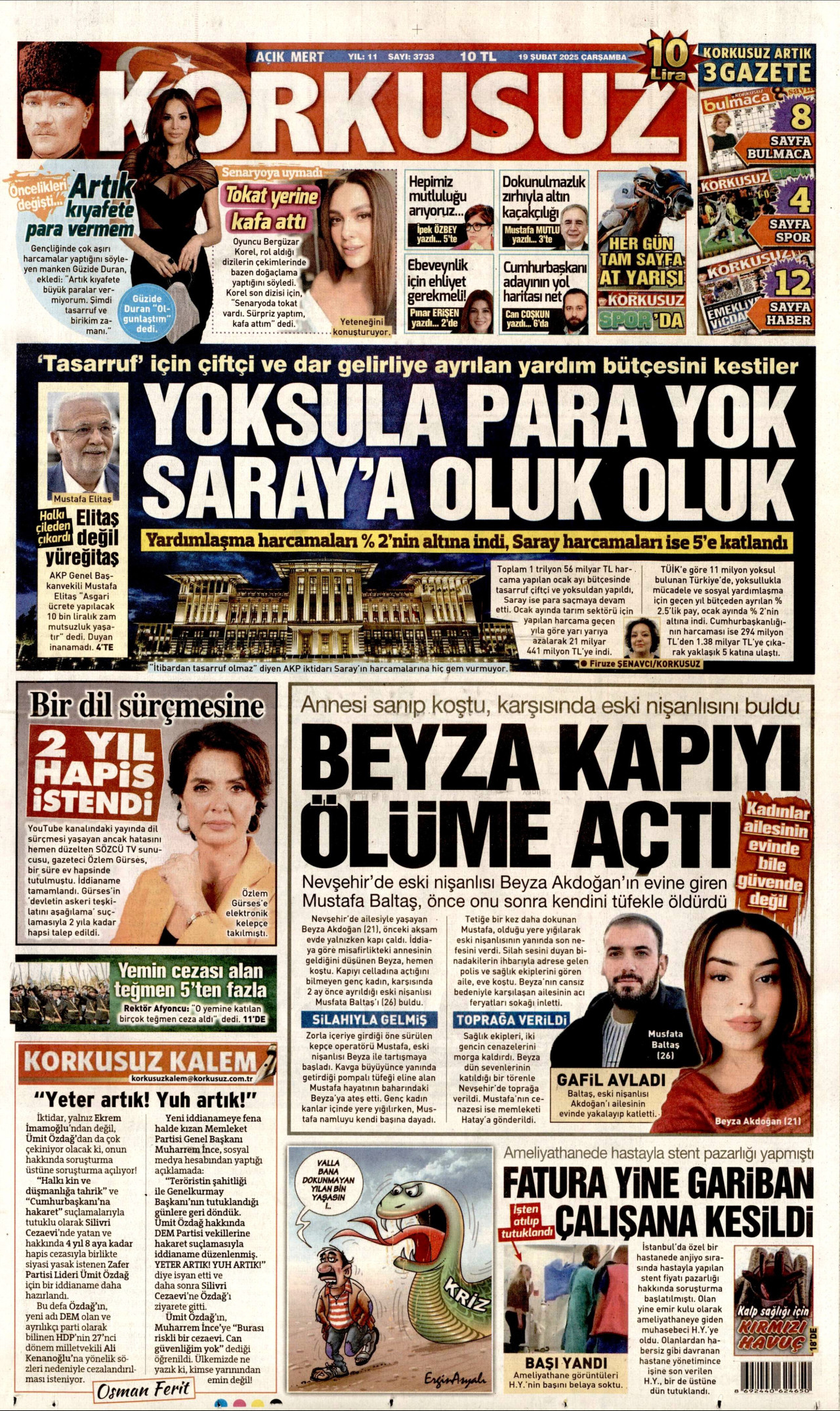 KORKUSUZ gazetesinin 19 Şubat 2025 tarihli birinci sayfası