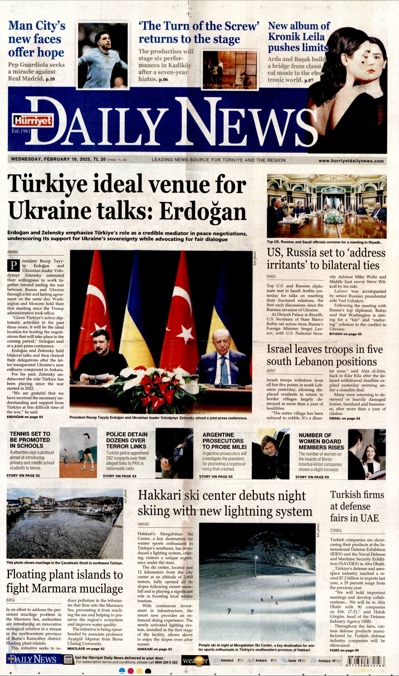 HÜRRİYET DAİLY NEWS gazetesinin 19 Şubat 2025 tarihli birinci sayfası